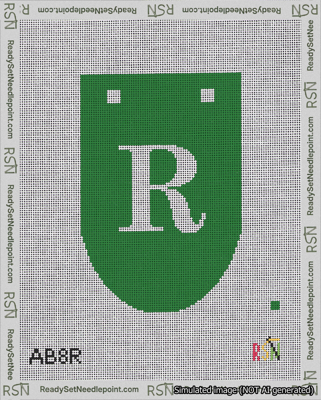 A taped needlepoint canvas with the design: Banner 18 mesh count Rounded R White on Green.