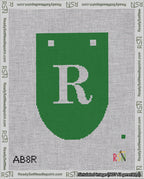 A taped needlepoint canvas with the design: Banner 18 mesh count Rounded R White on Green.
