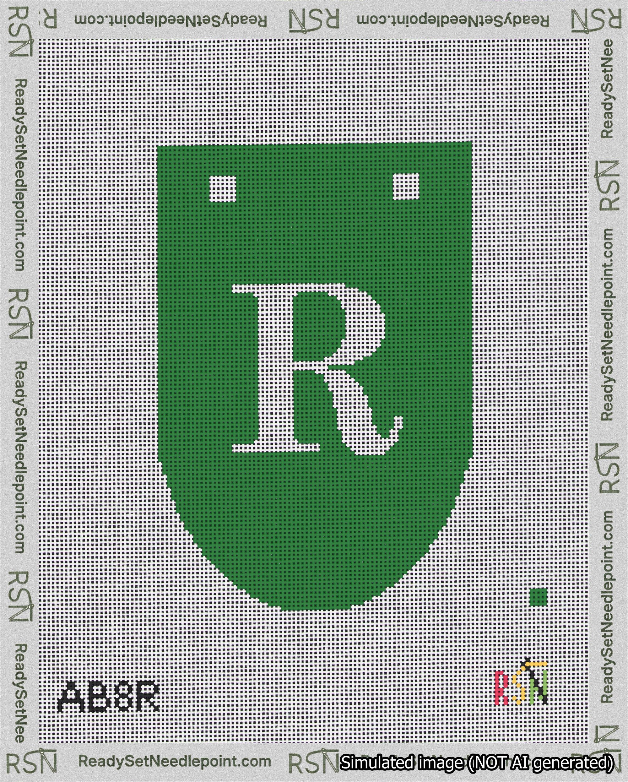 A taped needlepoint canvas with the design: Banner 18 mesh count Rounded R White on Green.