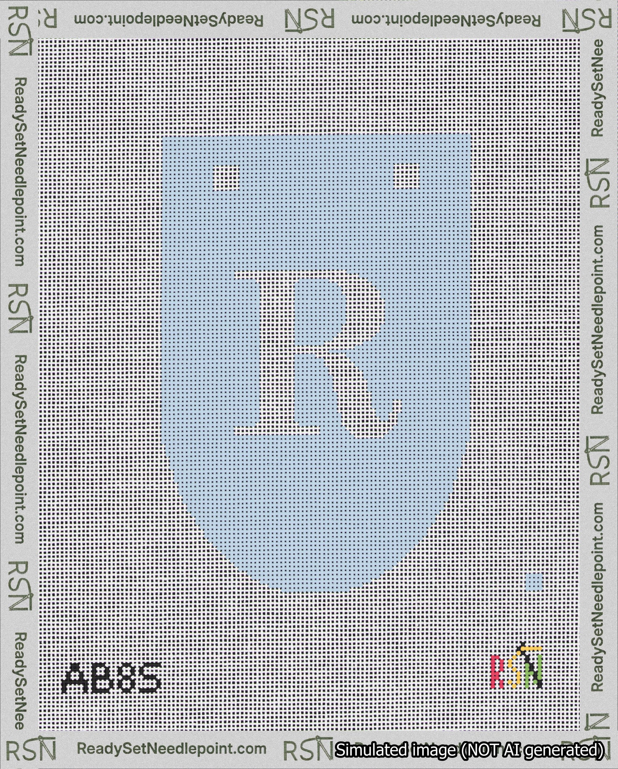 A taped needlepoint canvas with the design: Banner 18 mesh count Rounded R White on Light Blue.