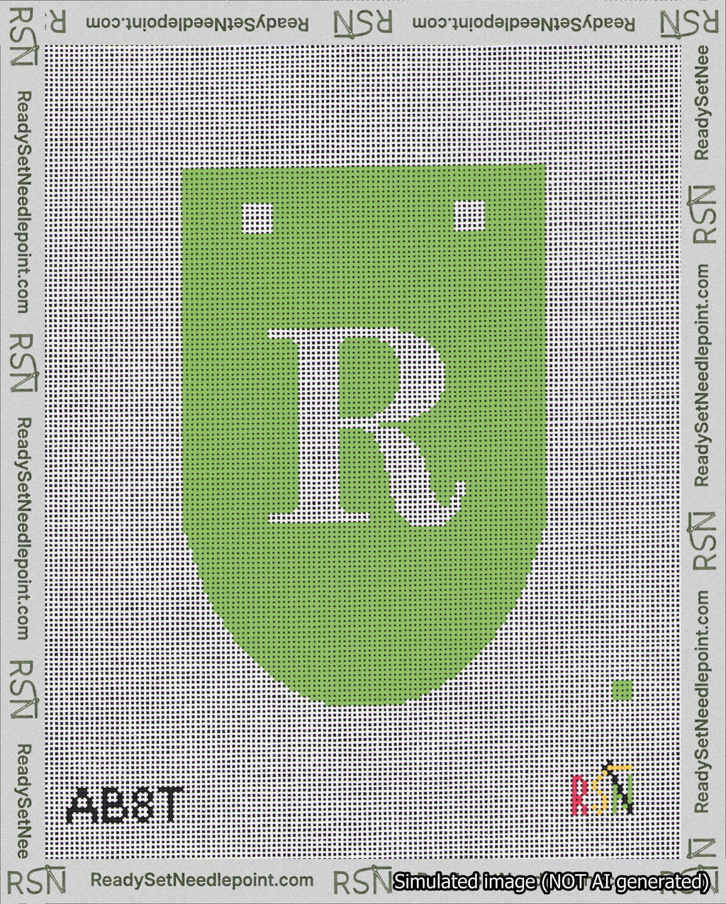 A taped needlepoint canvas with the design: Banner 18 mesh count Rounded R White on Light Green.