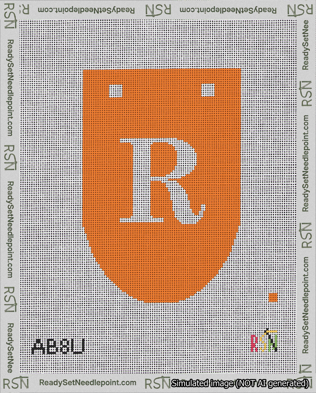 A taped needlepoint canvas with the design: Banner 18 mesh count Rounded R White on Orange.