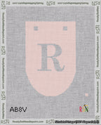 A taped needlepoint canvas with the design: Banner 18 mesh count Rounded R White on Pink.