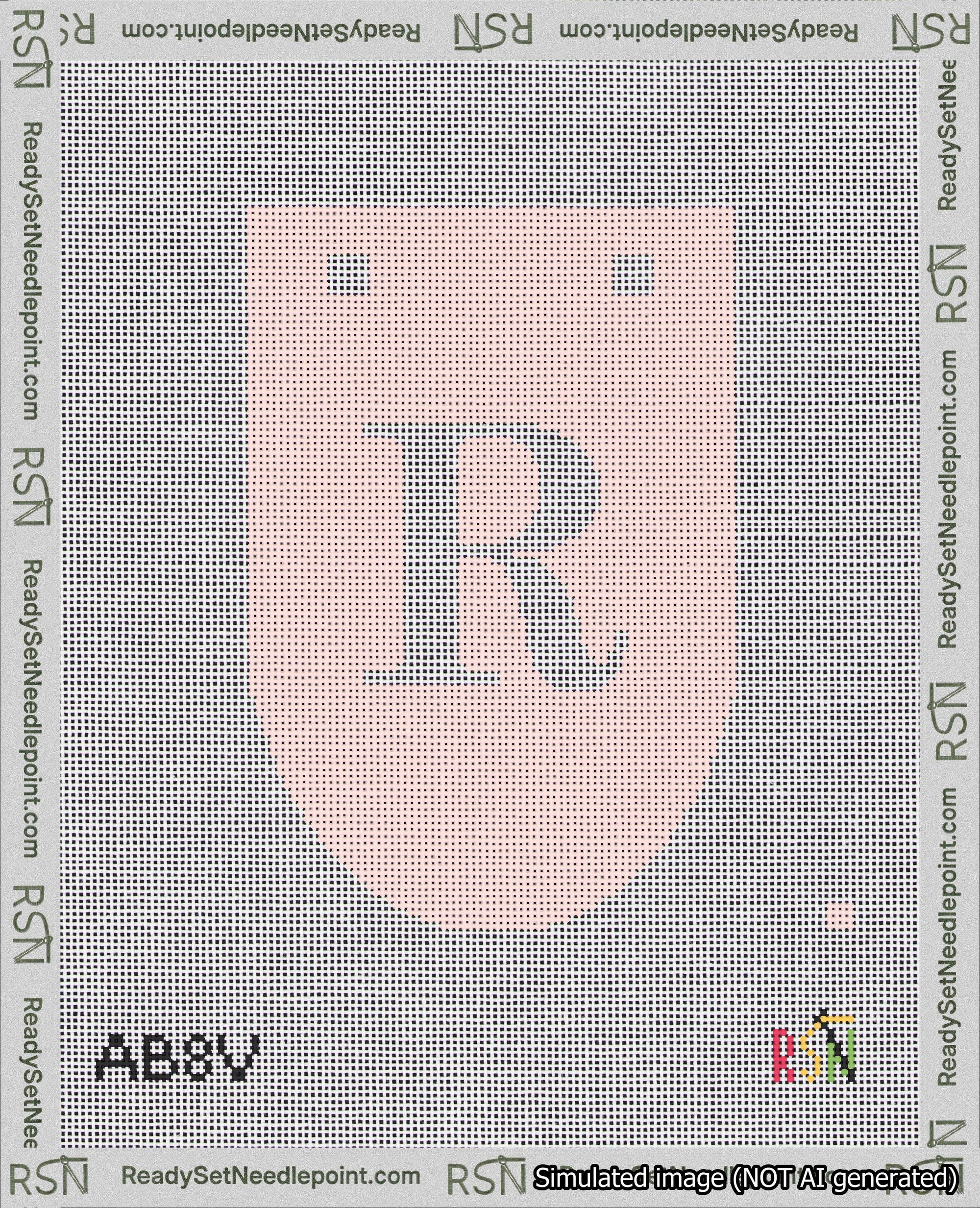 A taped needlepoint canvas with the design: Banner 18 mesh count Rounded R White on Pink.