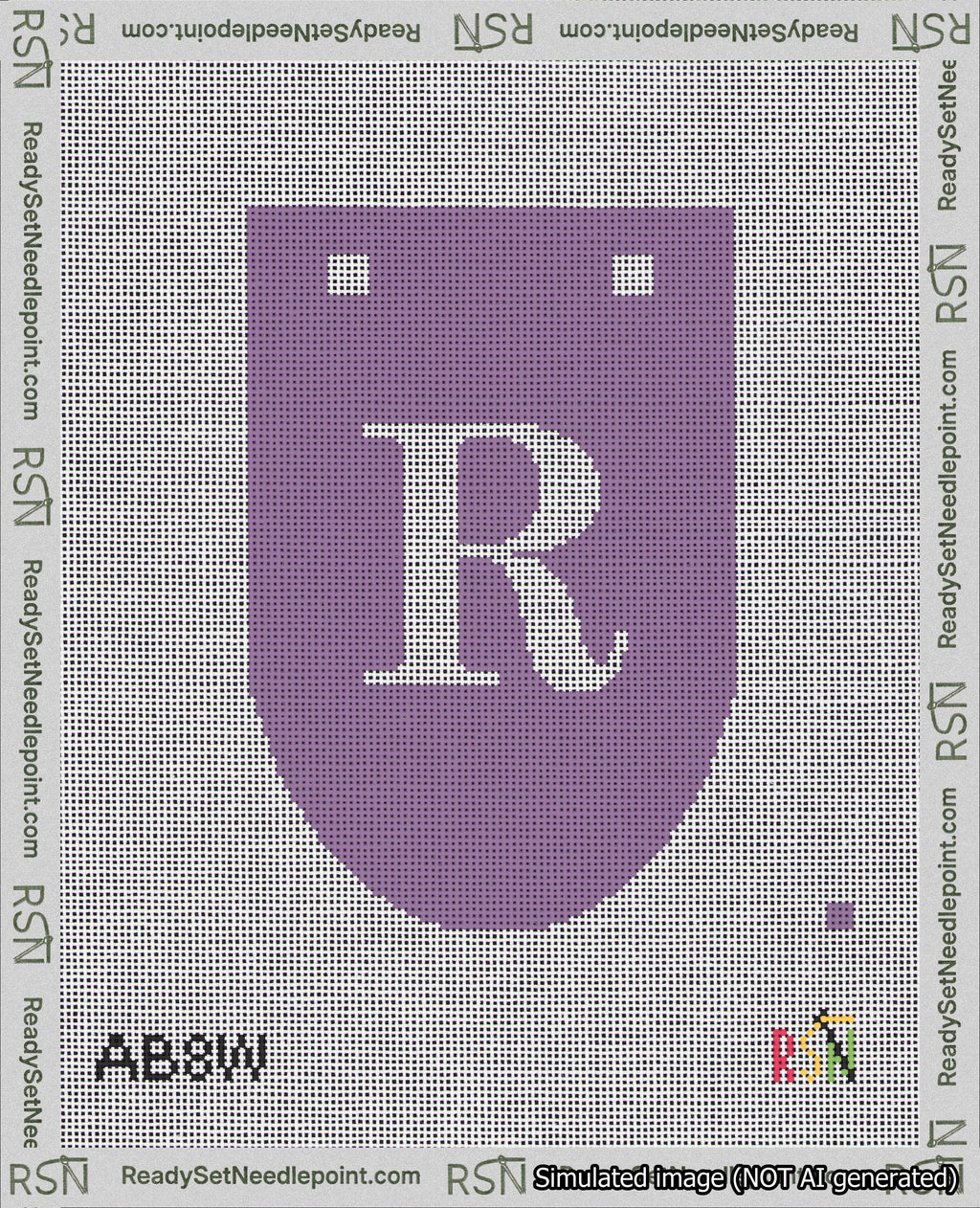 A taped needlepoint canvas with the design: Banner 18 mesh count Rounded R White on Purple.