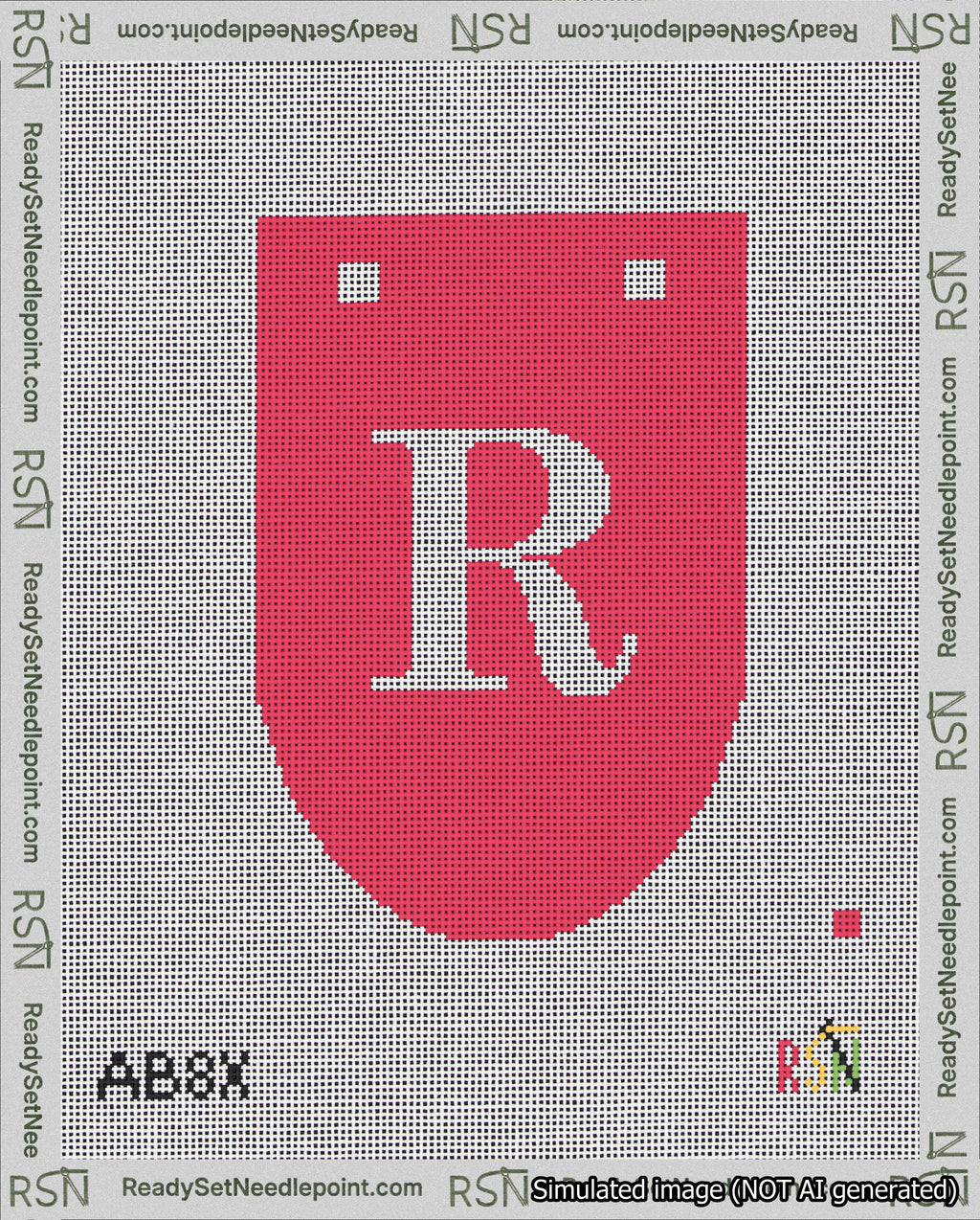 A taped needlepoint canvas with the design: Banner 18 mesh count Rounded R White on Red.