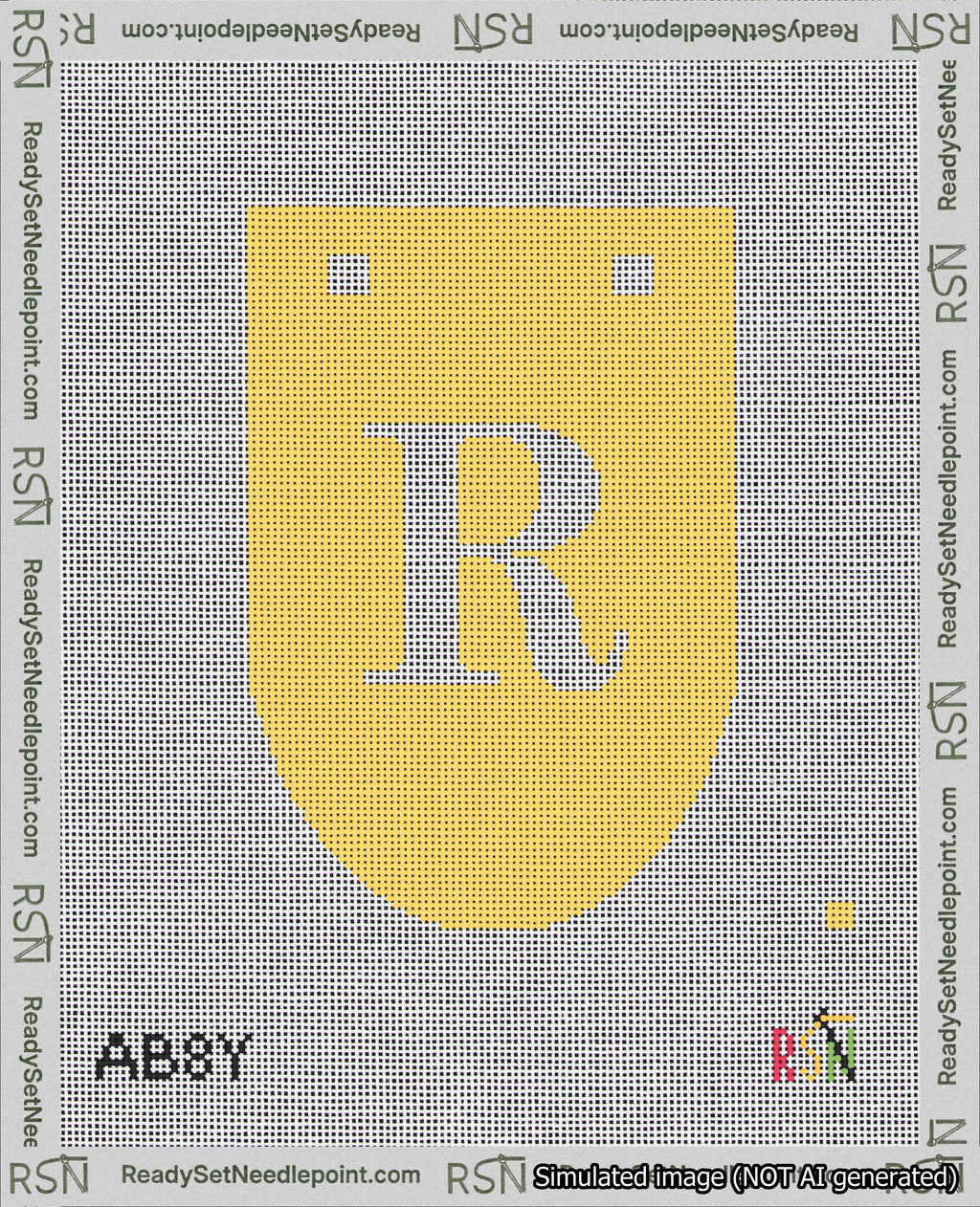 A taped needlepoint canvas with the design: Banner 18 mesh count Rounded R White on Yellow.