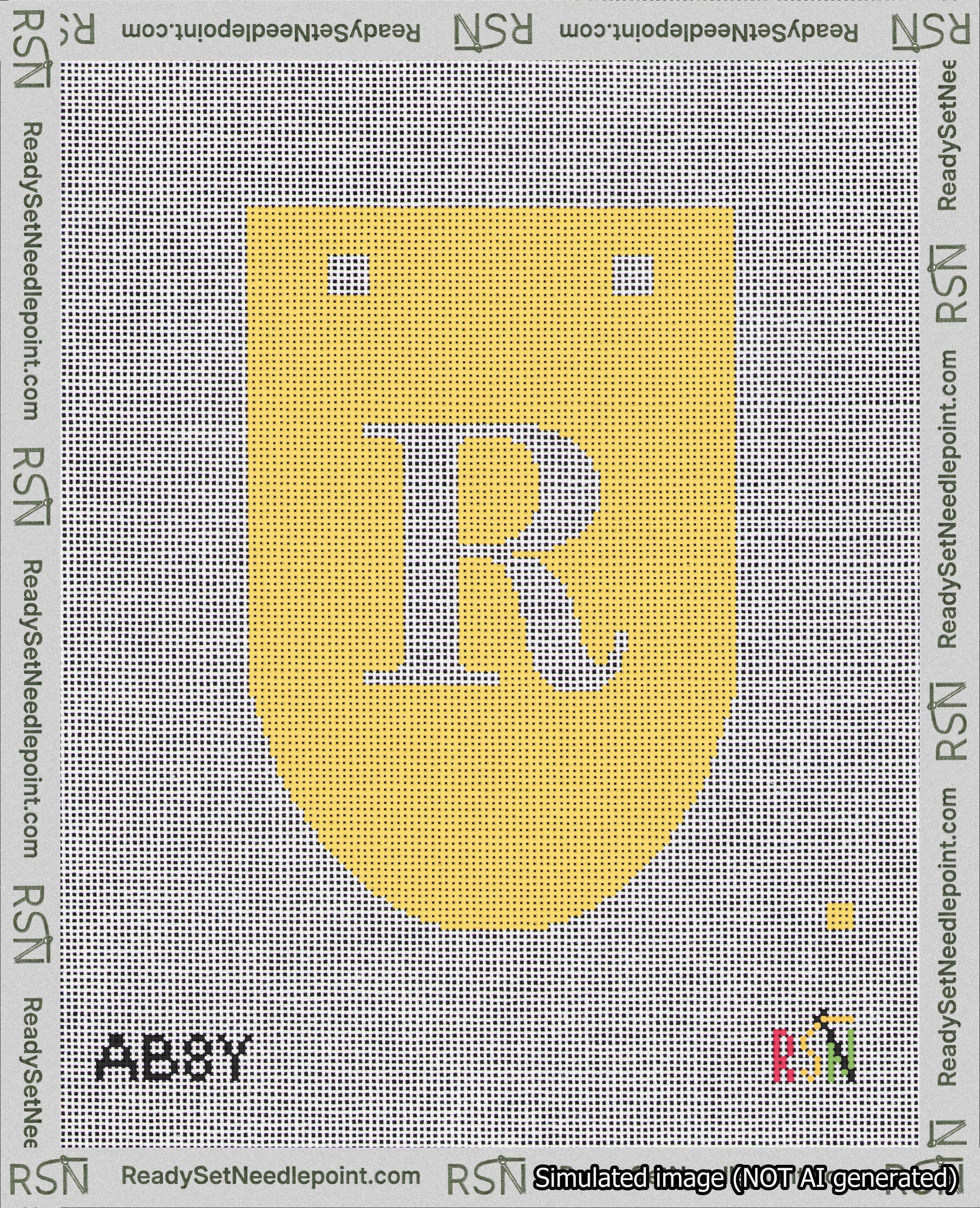 A taped needlepoint canvas with the design: Banner 18 mesh count Rounded R White on Yellow.