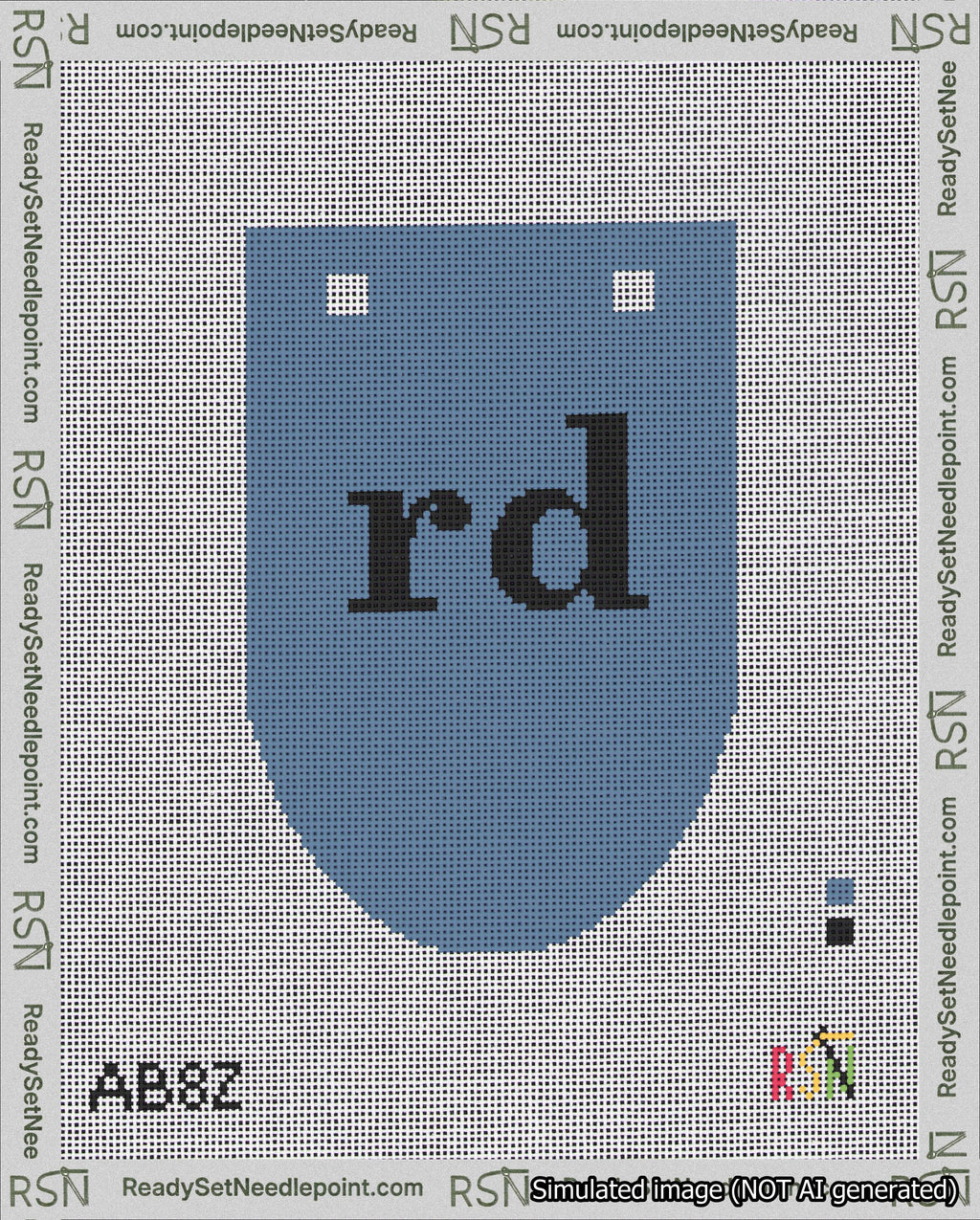 A taped needlepoint canvas with the design: Banner 18 mesh count Rounded rd Black on Blue.