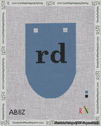 A taped needlepoint canvas with the design: Banner 18 mesh count Rounded rd Black on Blue.