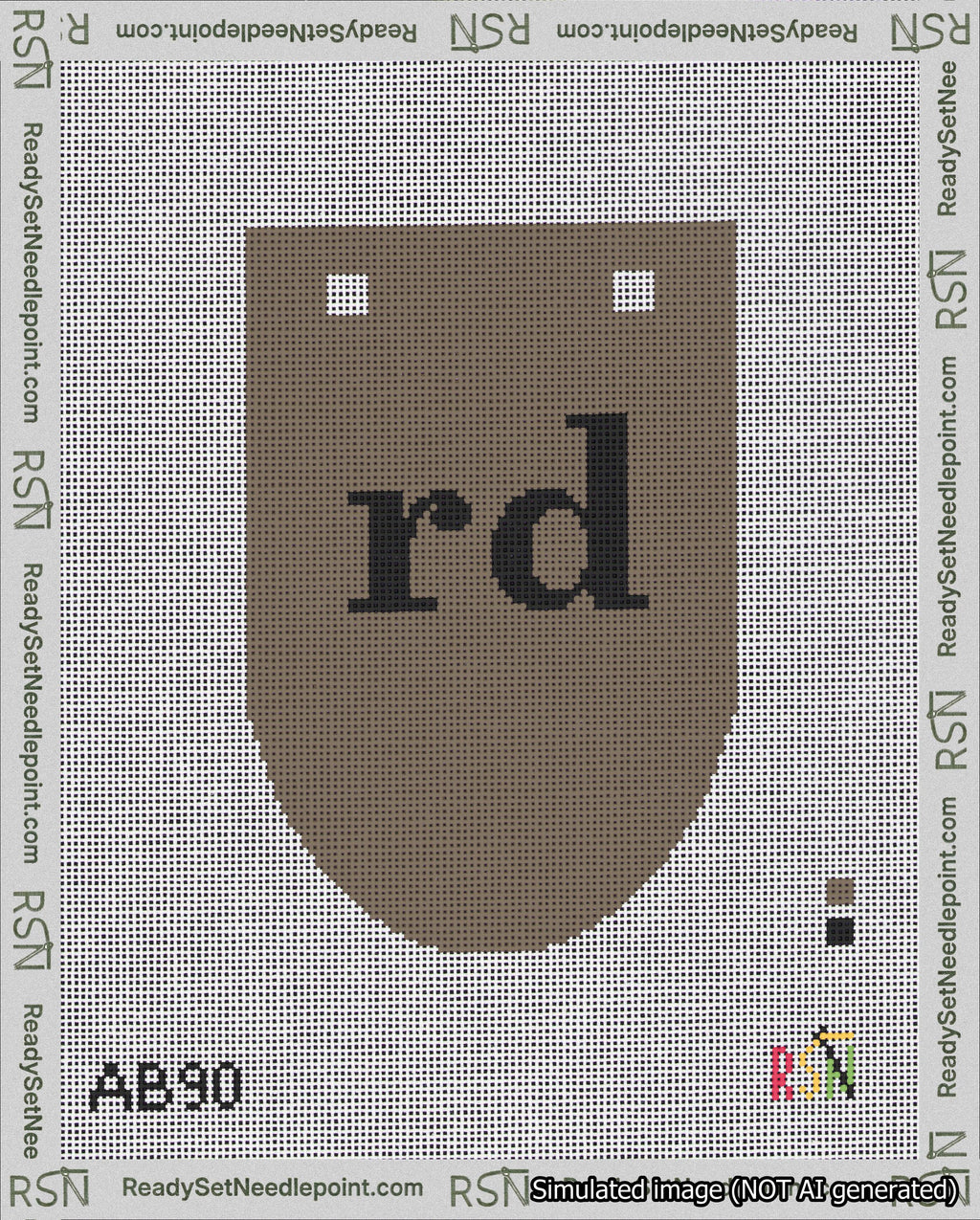 A taped needlepoint canvas with the design: Banner 18 mesh count Rounded rd Black on Brown.