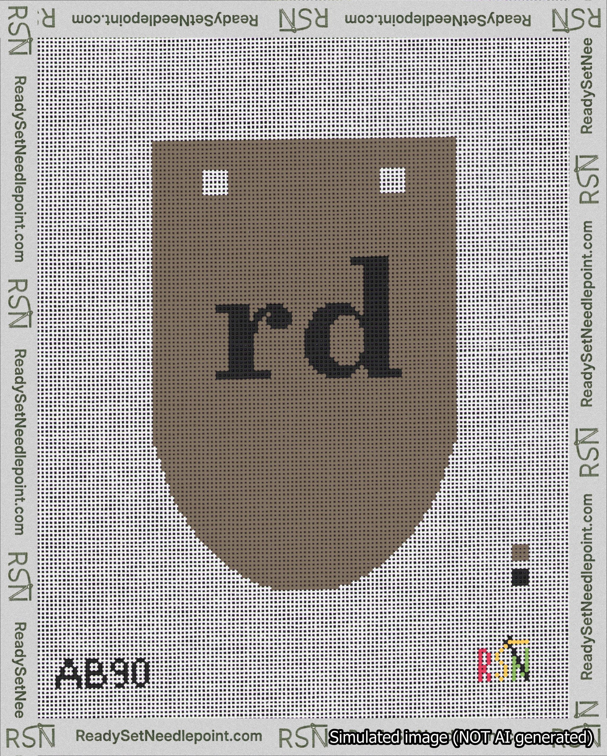 A taped needlepoint canvas with the design: Banner 18 mesh count Rounded rd Black on Brown.