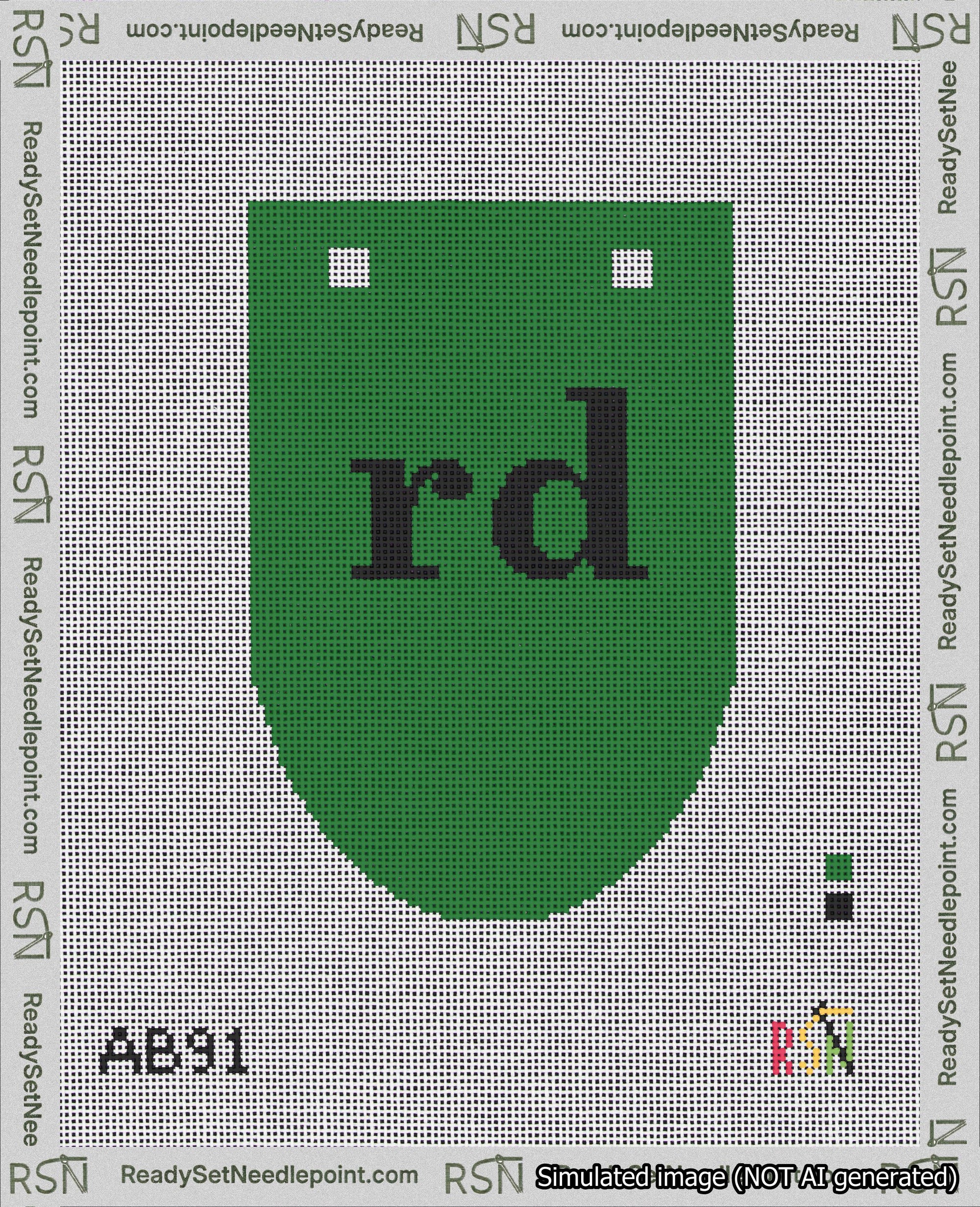 A taped needlepoint canvas with the design: Banner 18 mesh count Rounded rd Black on Green.