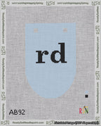 A taped needlepoint canvas with the design: Banner 18 mesh count Rounded rd Black on Light Blue.