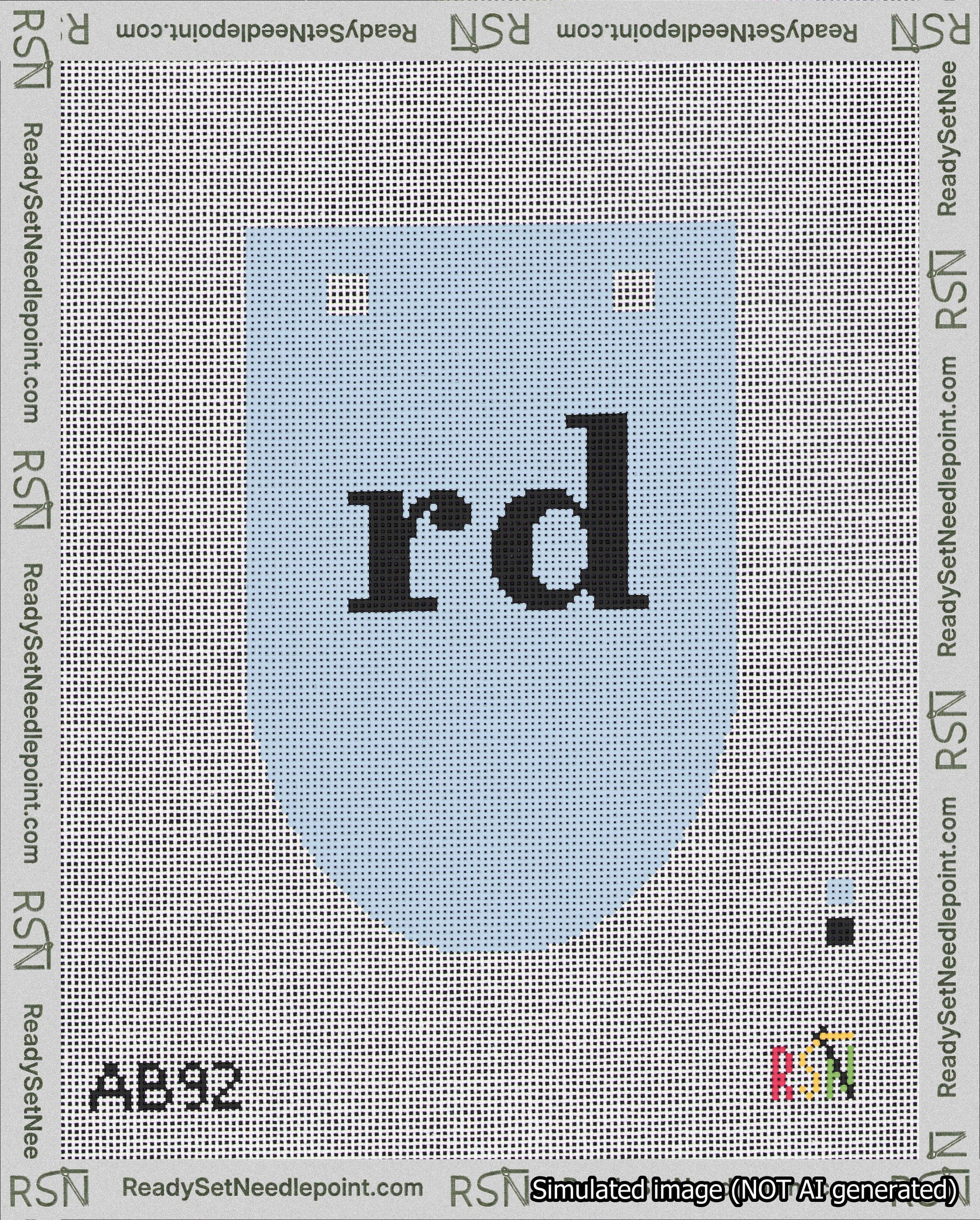 A taped needlepoint canvas with the design: Banner 18 mesh count Rounded rd Black on Light Blue.