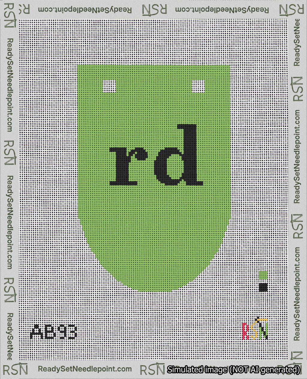 A taped needlepoint canvas with the design: Banner 18 mesh count Rounded rd Black on Light Green.