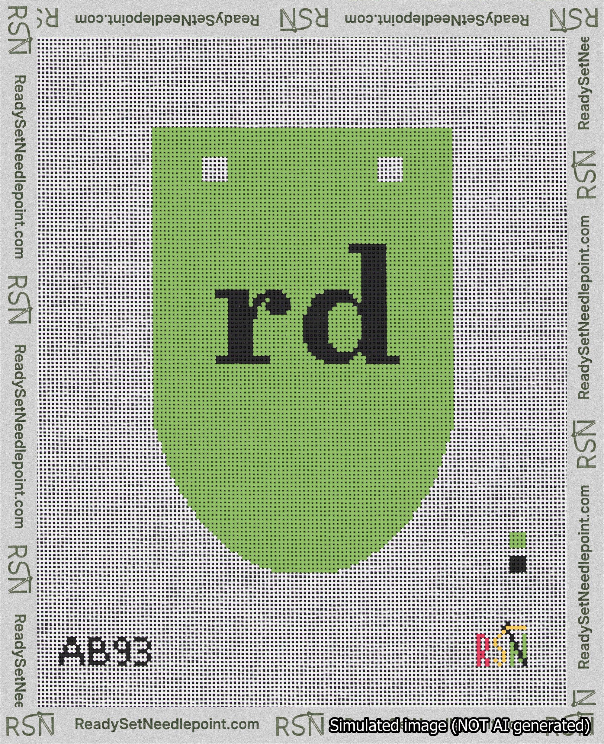 A taped needlepoint canvas with the design: Banner 18 mesh count Rounded rd Black on Light Green.