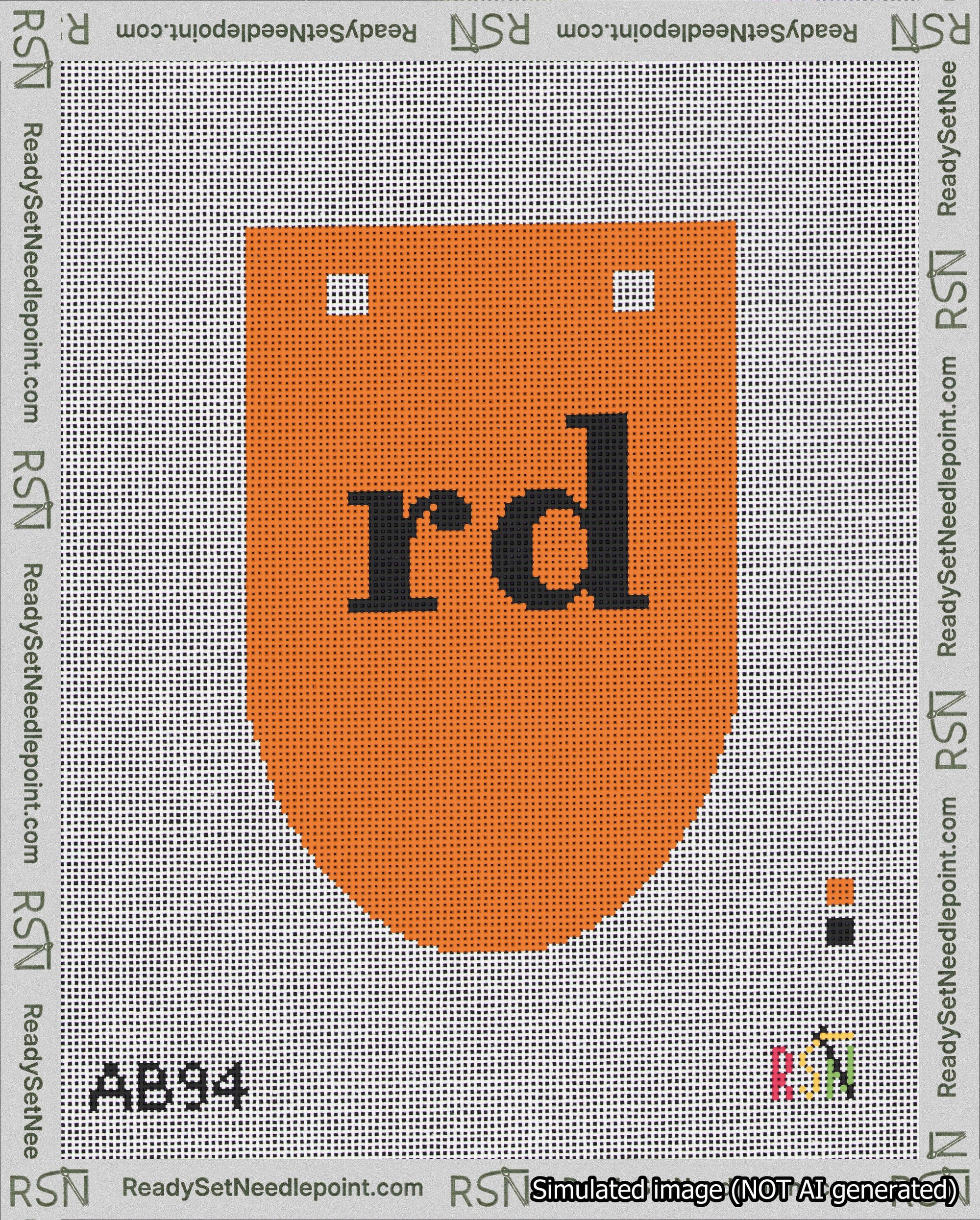 A taped needlepoint canvas with the design: Banner 18 mesh count Rounded rd Black on Orange.