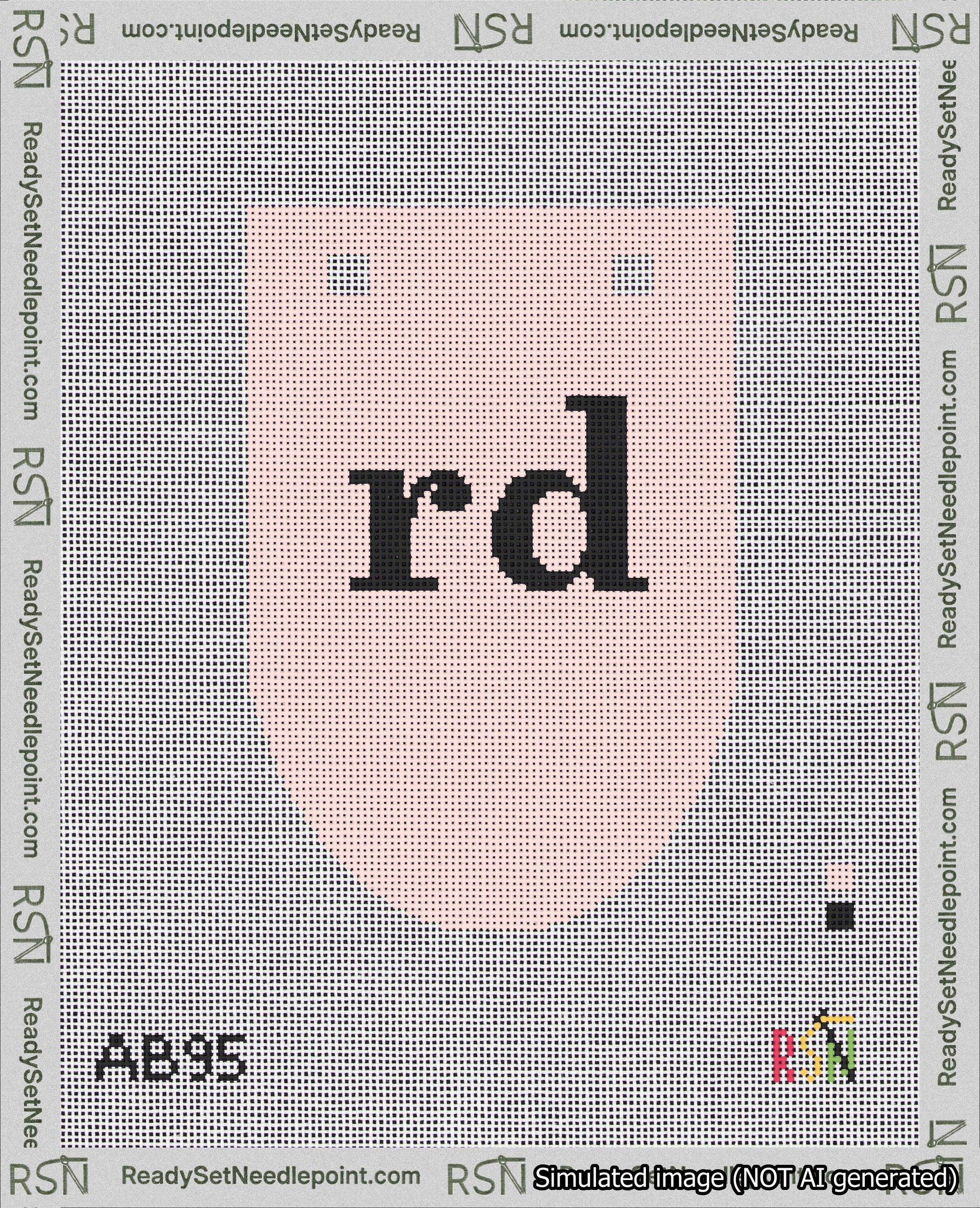 A taped needlepoint canvas with the design: Banner 18 mesh count Rounded rd Black on Pink.