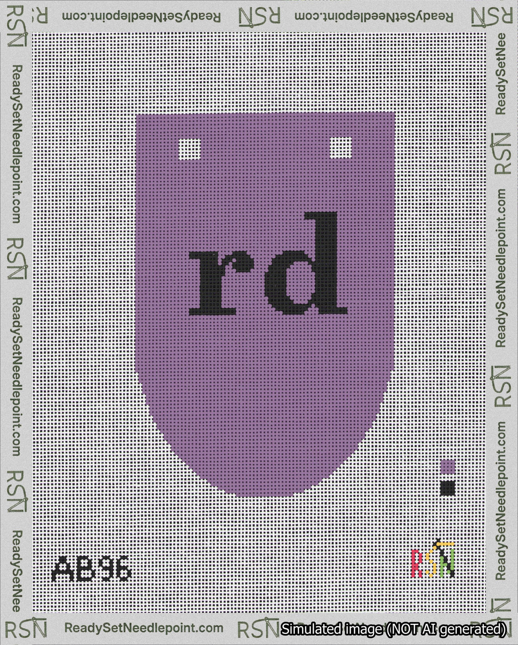 A taped needlepoint canvas with the design: Banner 18 mesh count Rounded rd Black on Purple.