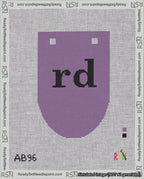 A taped needlepoint canvas with the design: Banner 18 mesh count Rounded rd Black on Purple.