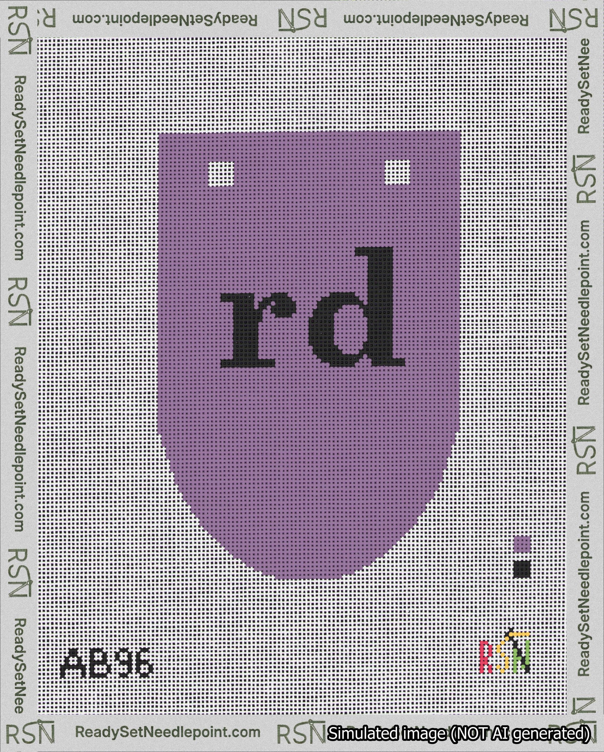 A taped needlepoint canvas with the design: Banner 18 mesh count Rounded rd Black on Purple.