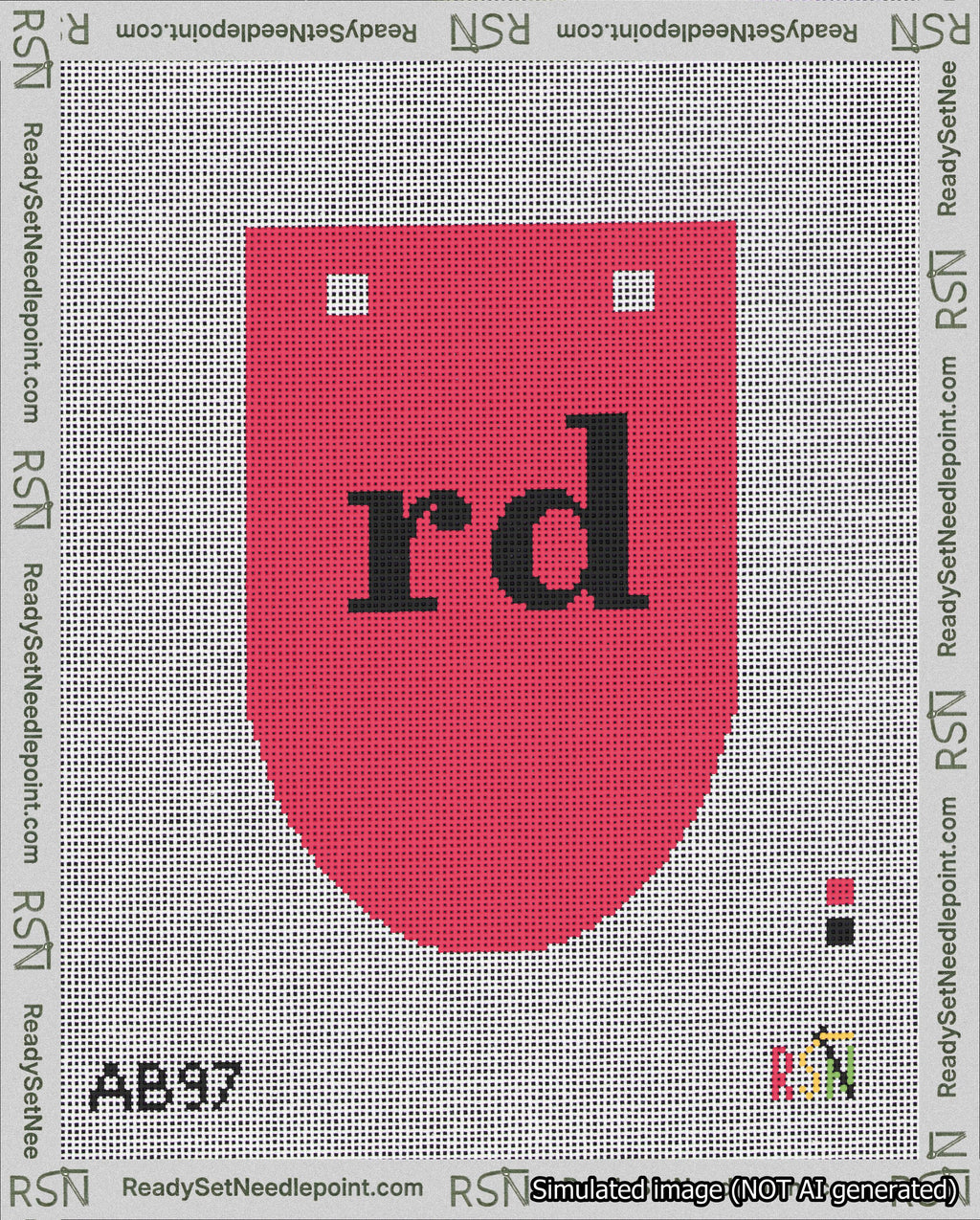 A taped needlepoint canvas with the design: Banner 18 mesh count Rounded rd Black on Red.