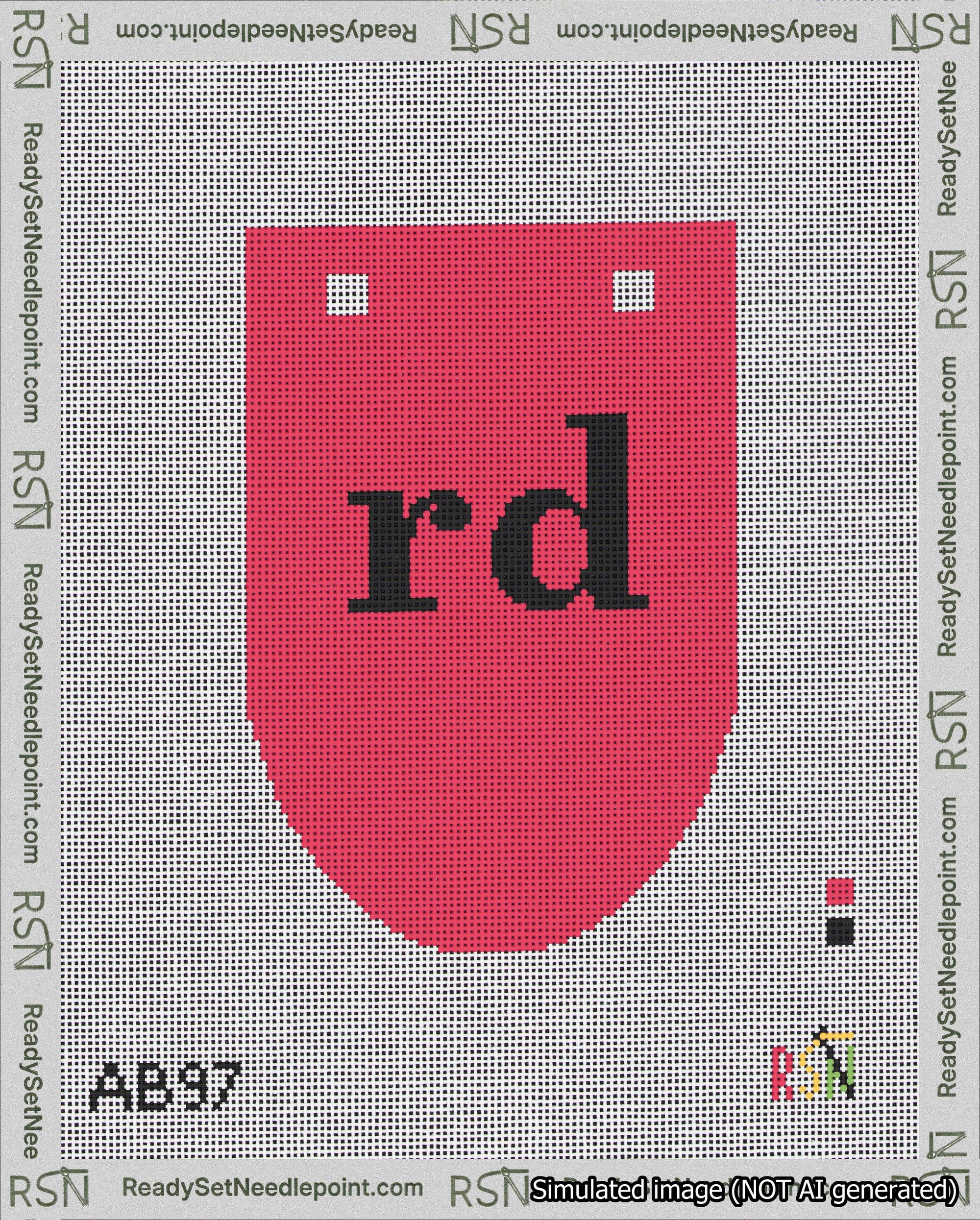 A taped needlepoint canvas with the design: Banner 18 mesh count Rounded rd Black on Red.
