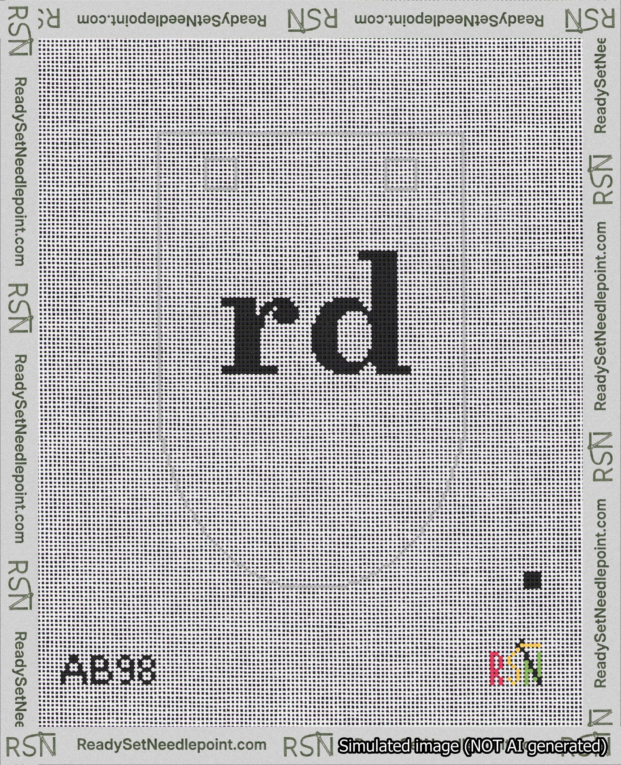 A taped needlepoint canvas with the design: Banner 18 mesh count Rounded rd Black on White.
