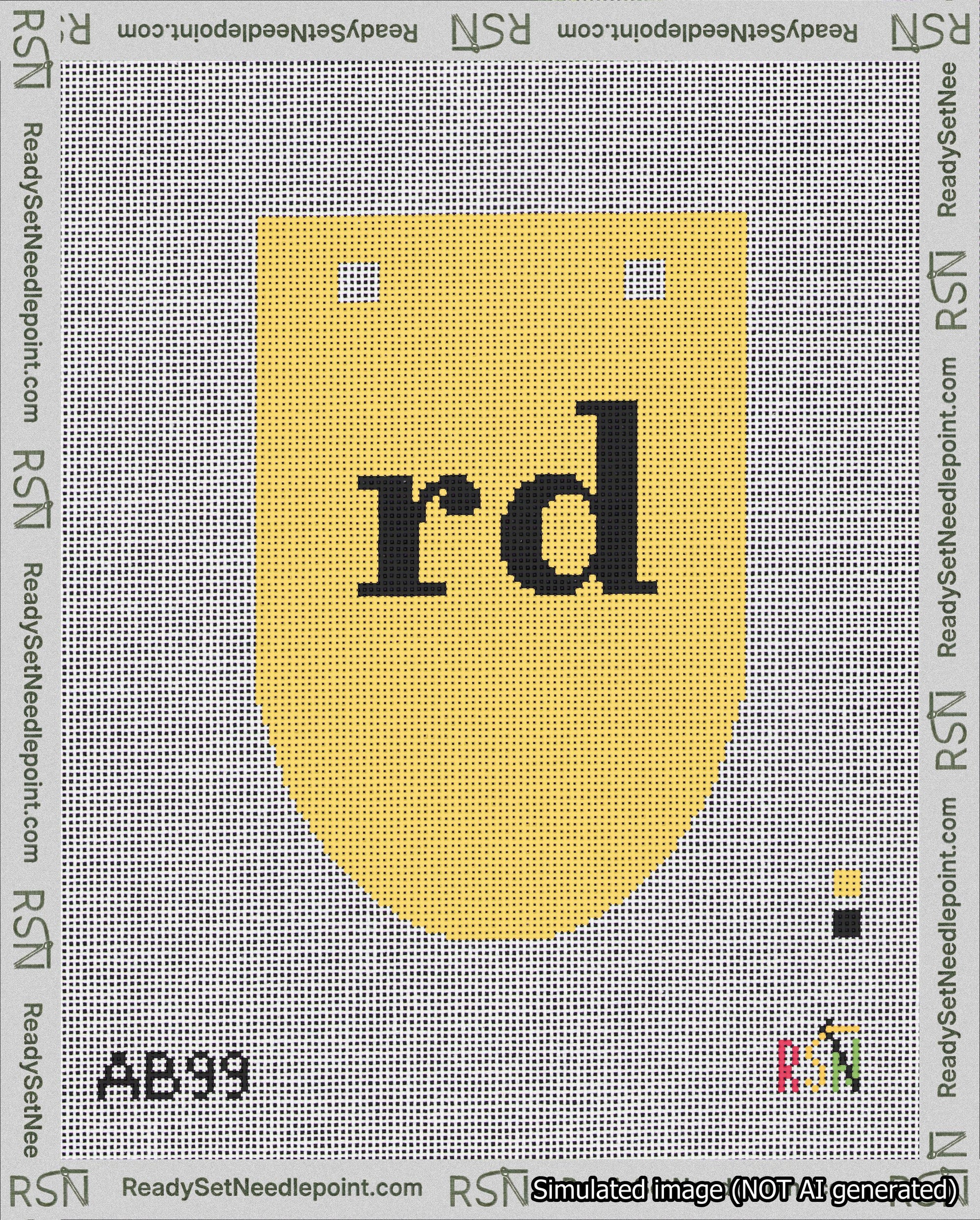 A taped needlepoint canvas with the design: Banner 18 mesh count Rounded rd Black on Yellow.