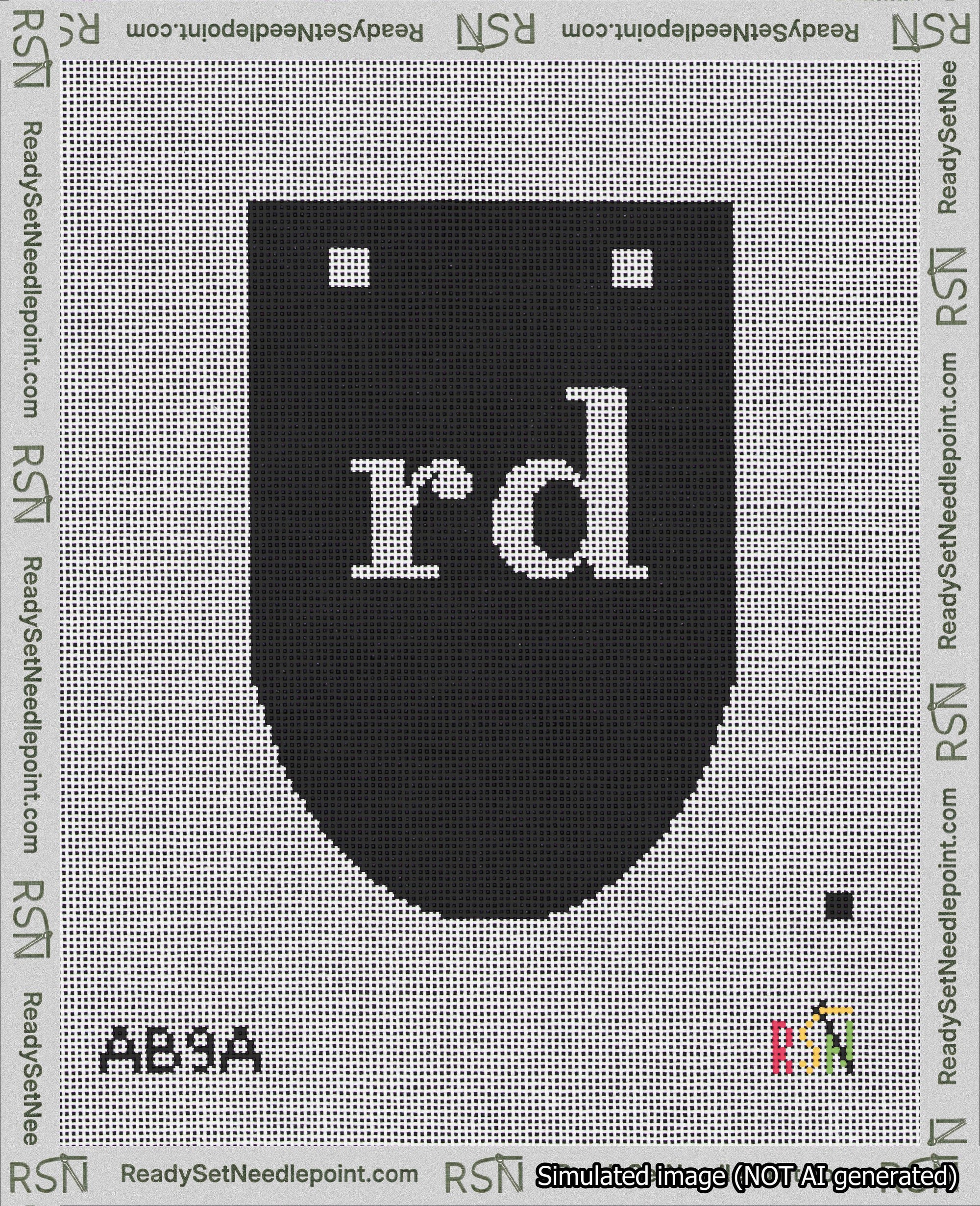 A taped needlepoint canvas with the design: Banner 18 mesh count Rounded rd White on Black.