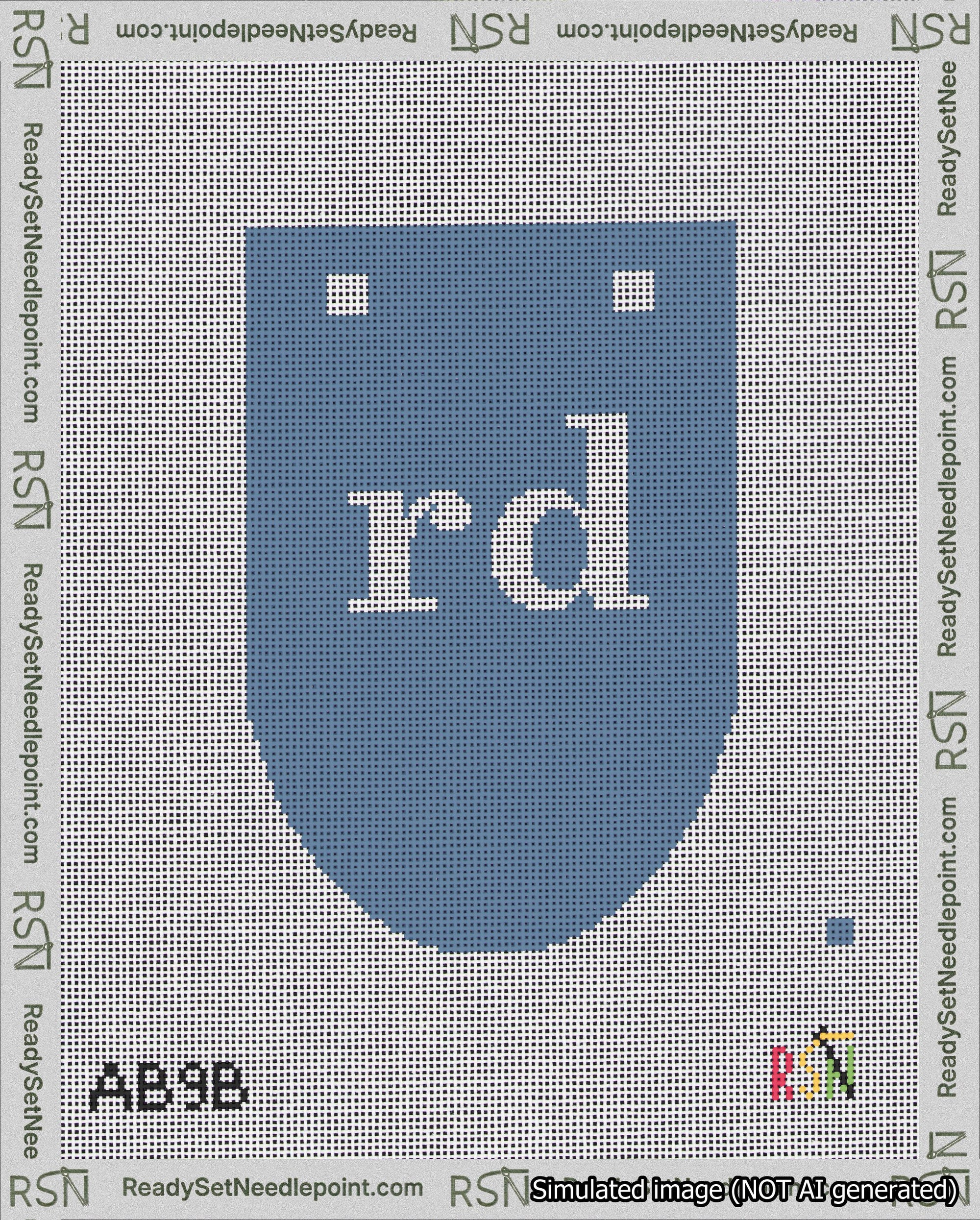 A taped needlepoint canvas with the design: Banner 18 mesh count Rounded rd White on Blue.