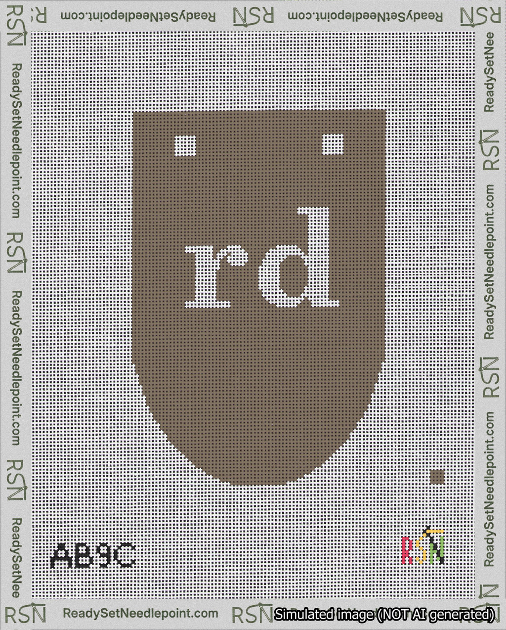 A taped needlepoint canvas with the design: Banner 18 mesh count Rounded rd White on Brown.