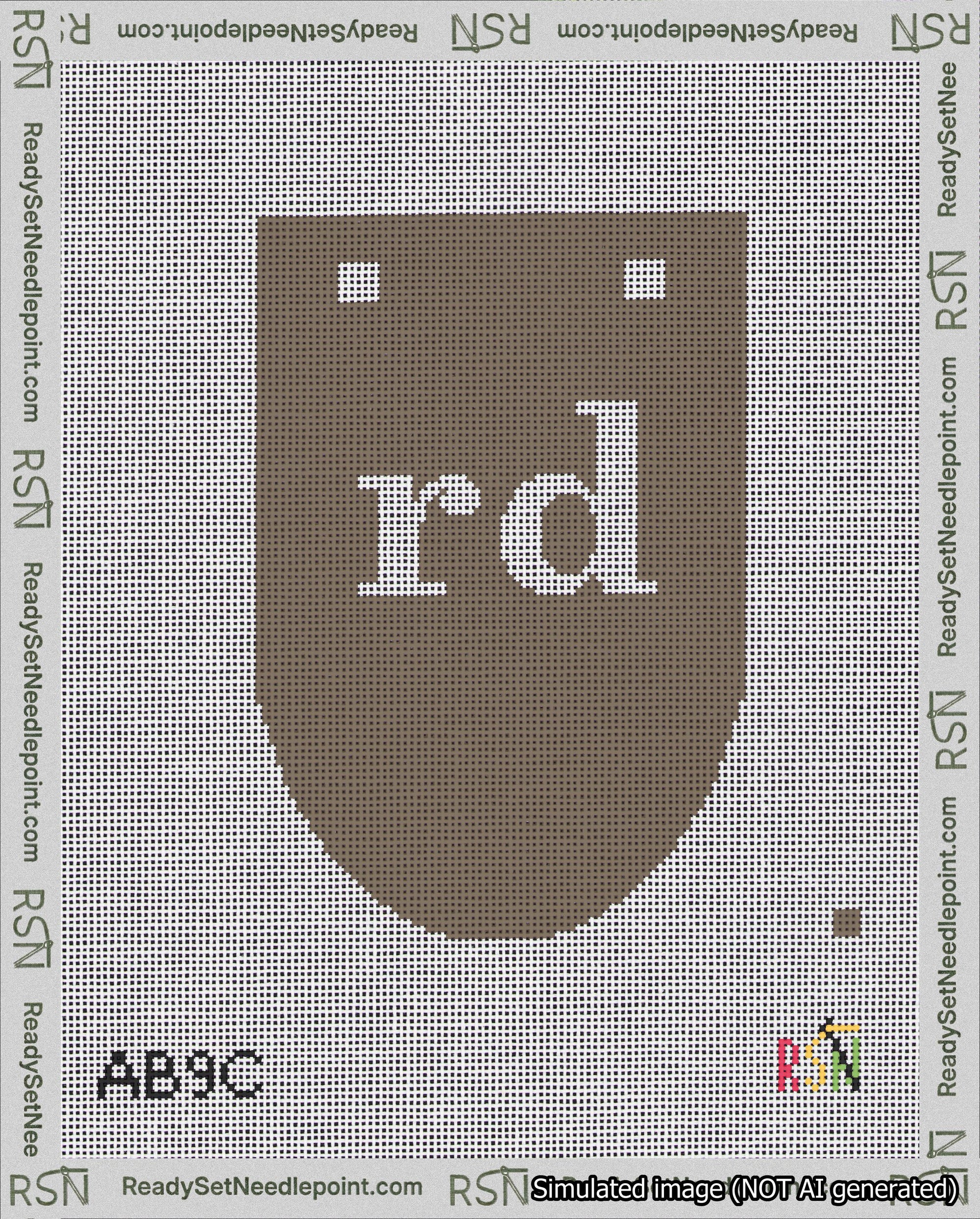 A taped needlepoint canvas with the design: Banner 18 mesh count Rounded rd White on Brown.