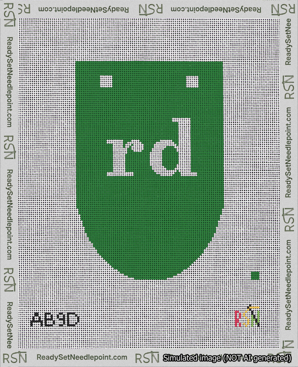 A taped needlepoint canvas with the design: Banner 18 mesh count Rounded rd White on Green.