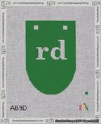 A taped needlepoint canvas with the design: Banner 18 mesh count Rounded rd White on Green.