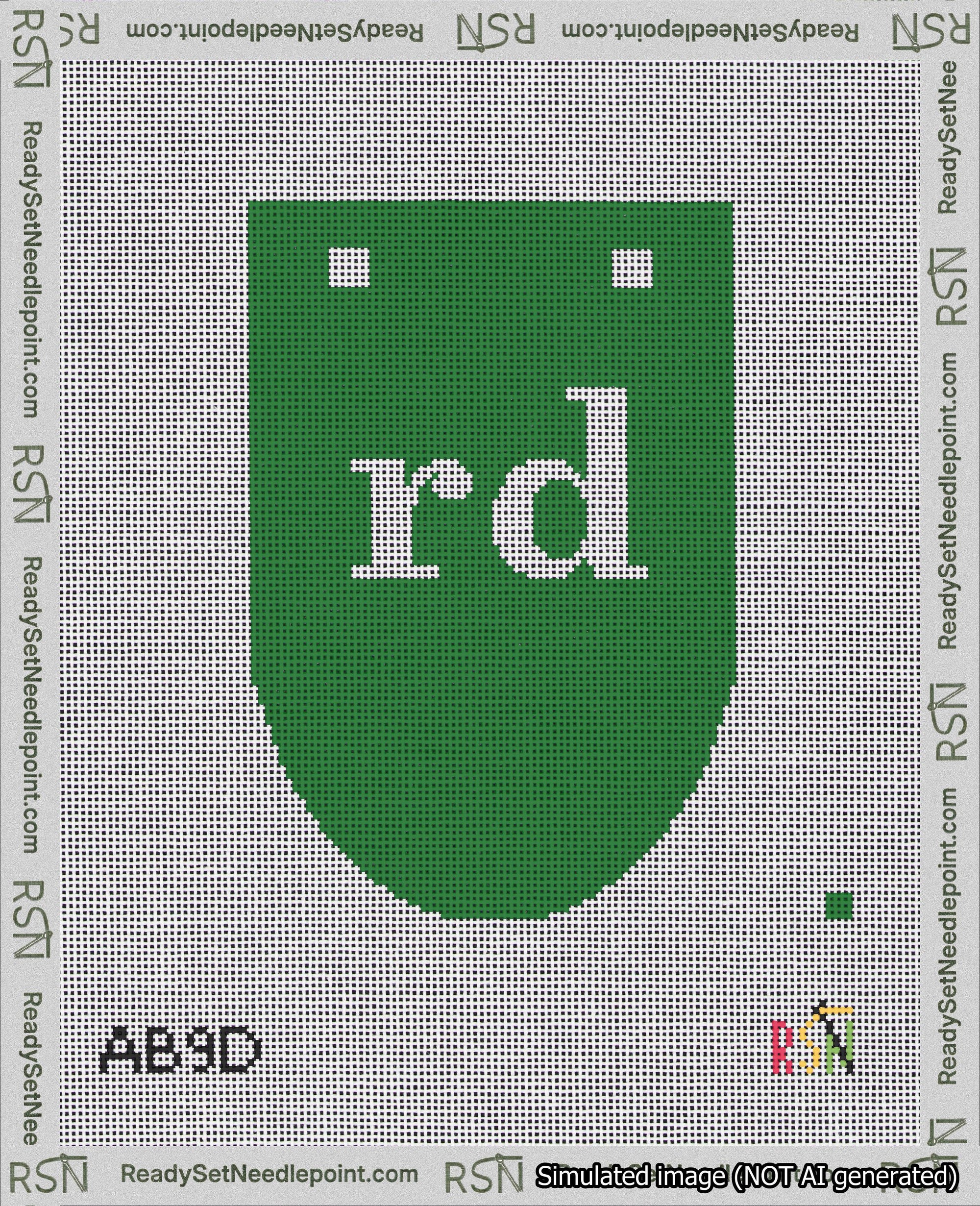 A taped needlepoint canvas with the design: Banner 18 mesh count Rounded rd White on Green.