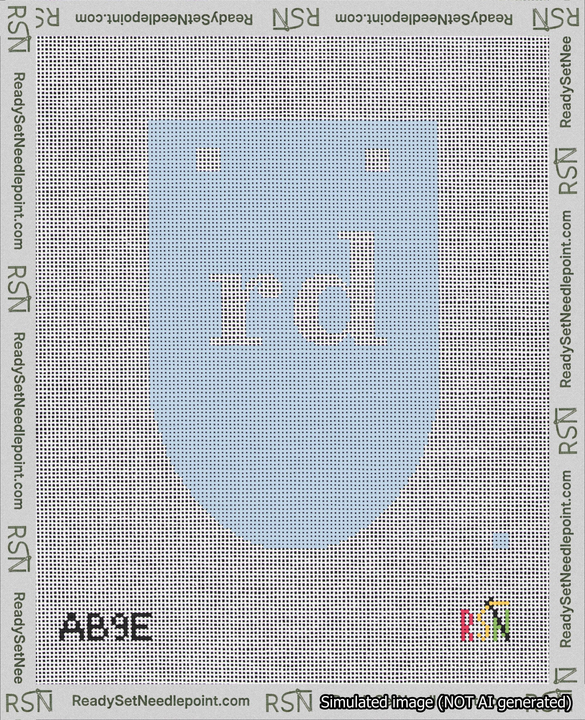 A taped needlepoint canvas with the design: Banner 18 mesh count Rounded rd White on Light Blue.