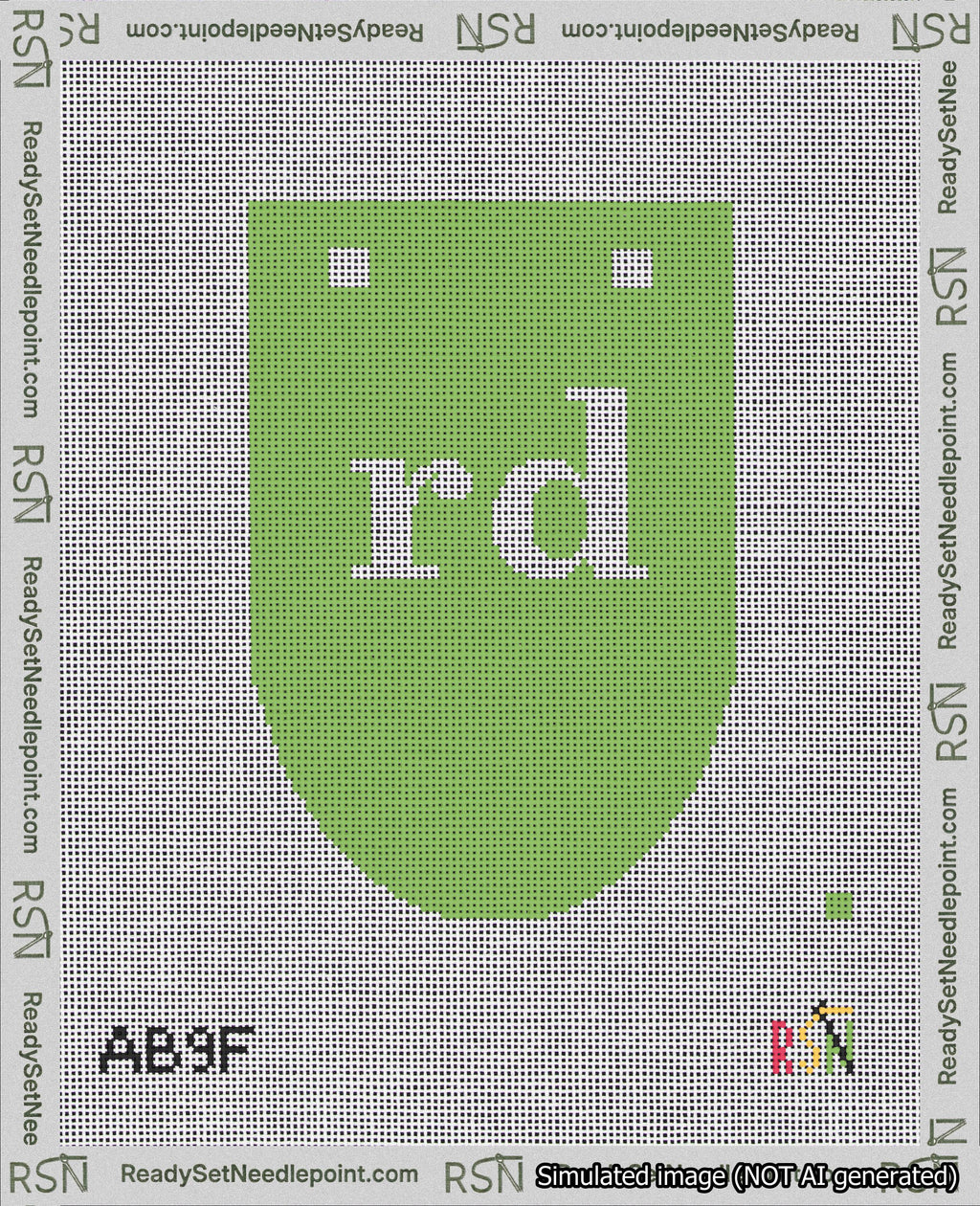 A taped needlepoint canvas with the design: Banner 18 mesh count Rounded rd White on Light Green.