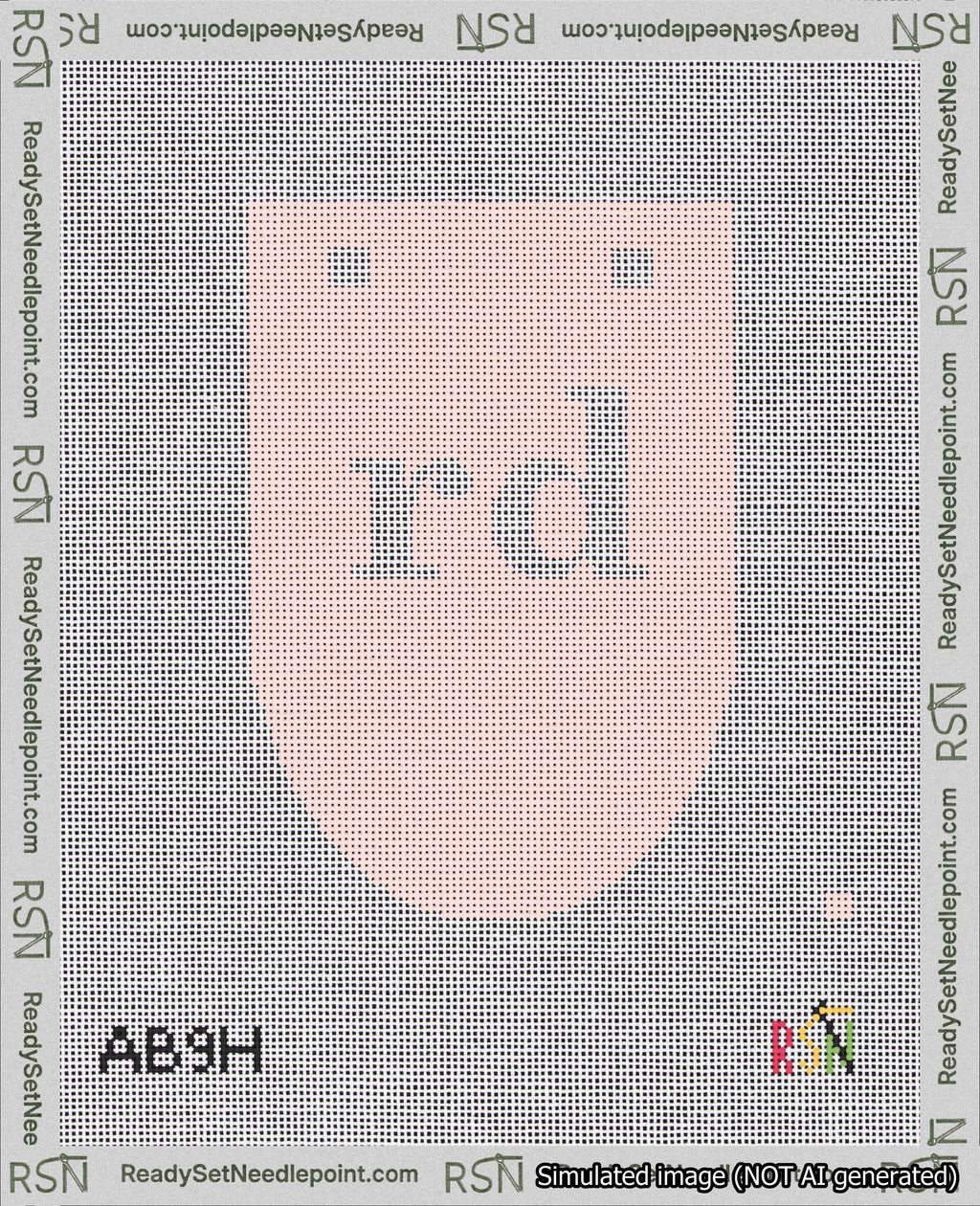 A taped needlepoint canvas with the design: Banner 18 mesh count Rounded rd White on Pink.