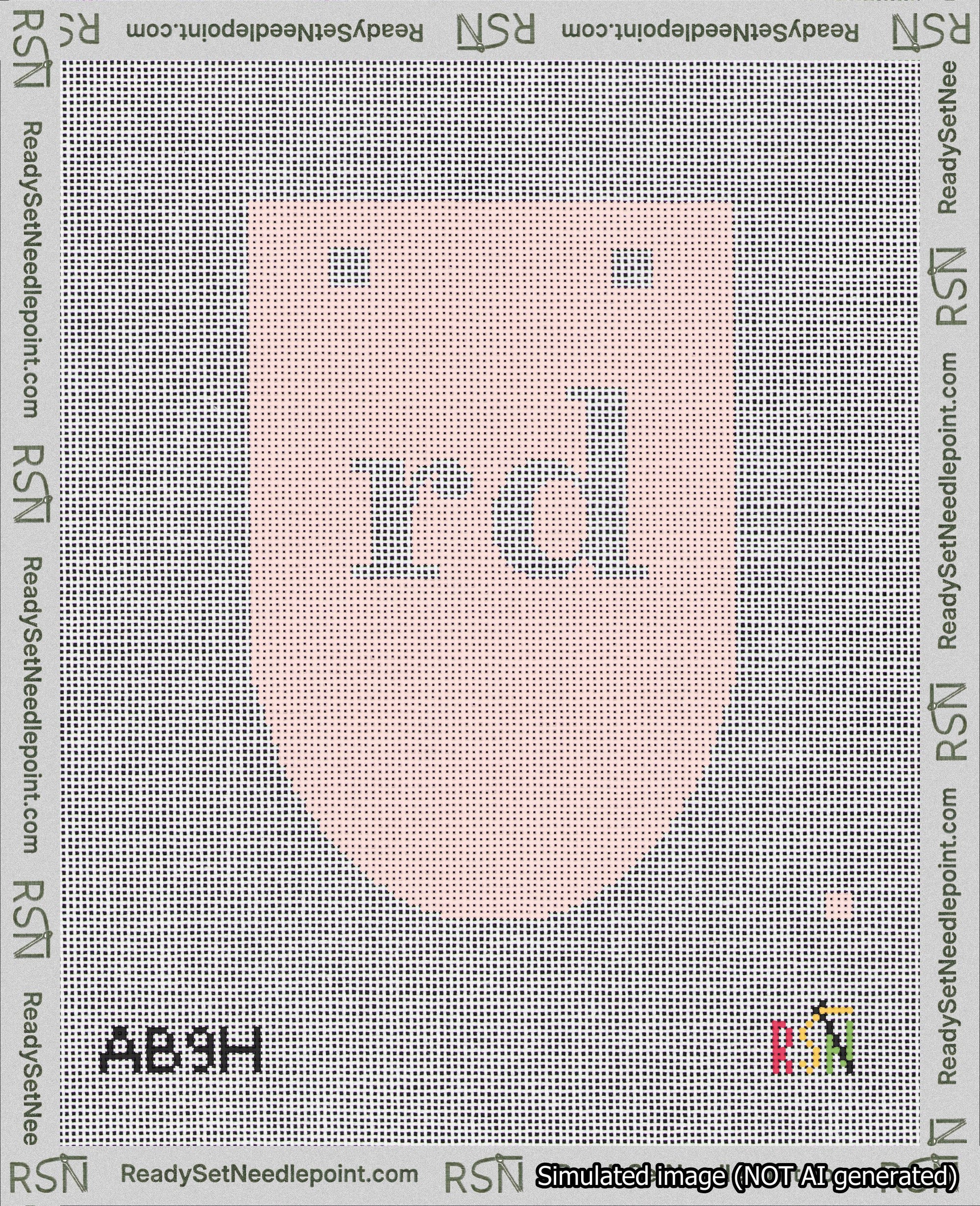 A taped needlepoint canvas with the design: Banner 18 mesh count Rounded rd White on Pink.
