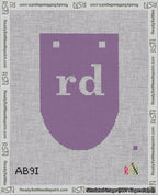 A taped needlepoint canvas with the design: Banner 18 mesh count Rounded rd White on Purple.