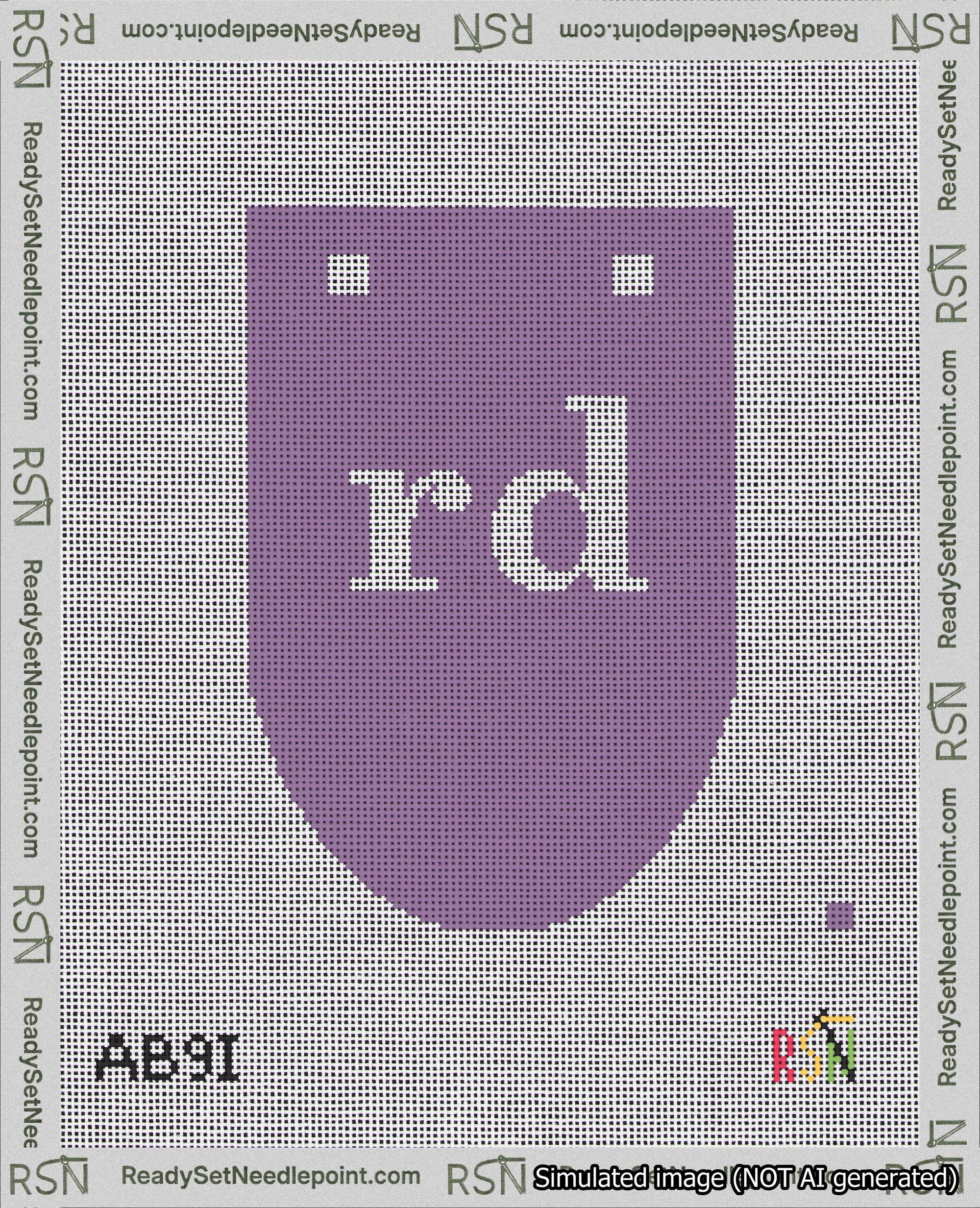 A taped needlepoint canvas with the design: Banner 18 mesh count Rounded rd White on Purple.