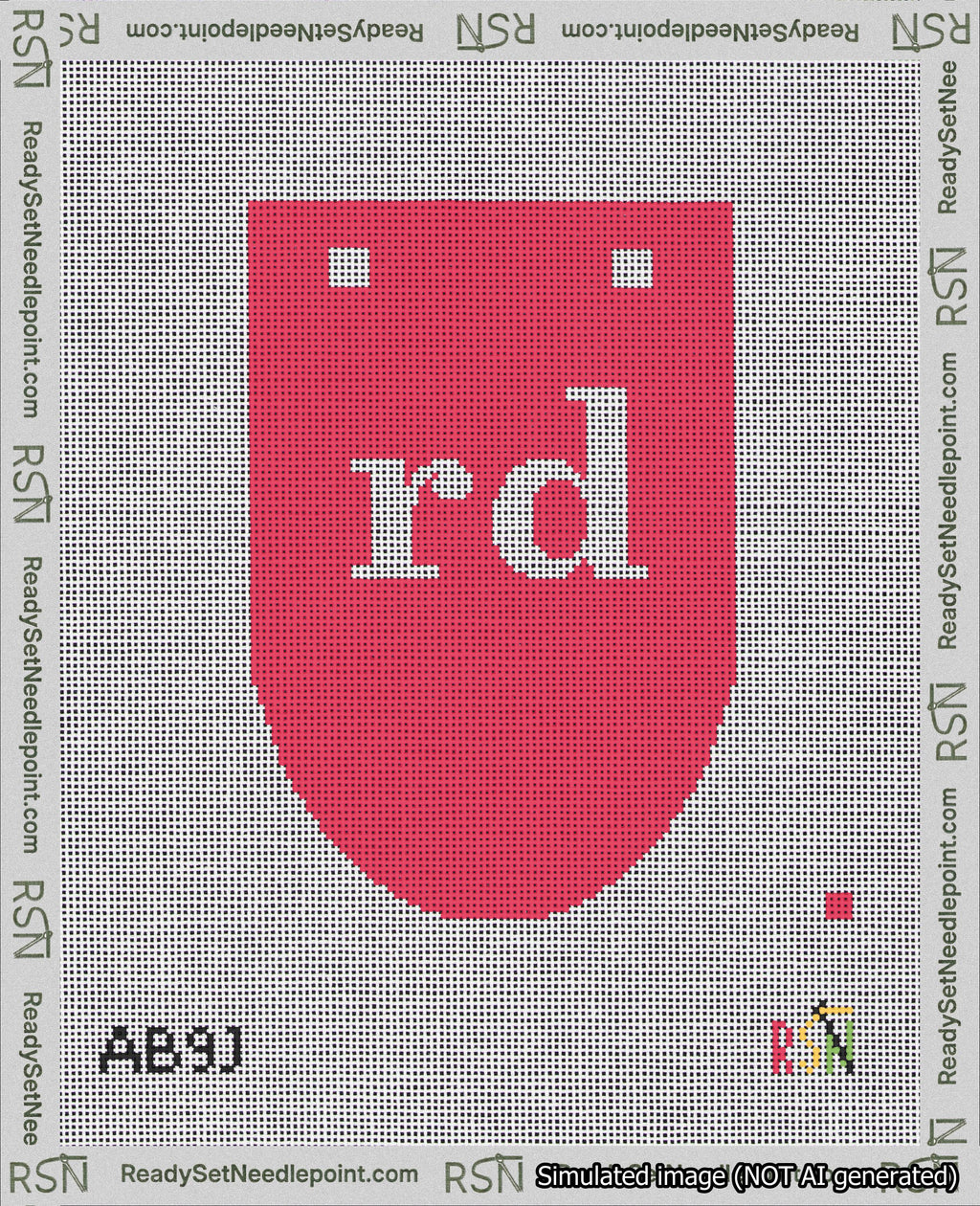 A taped needlepoint canvas with the design: Banner 18 mesh count Rounded rd White on Red.