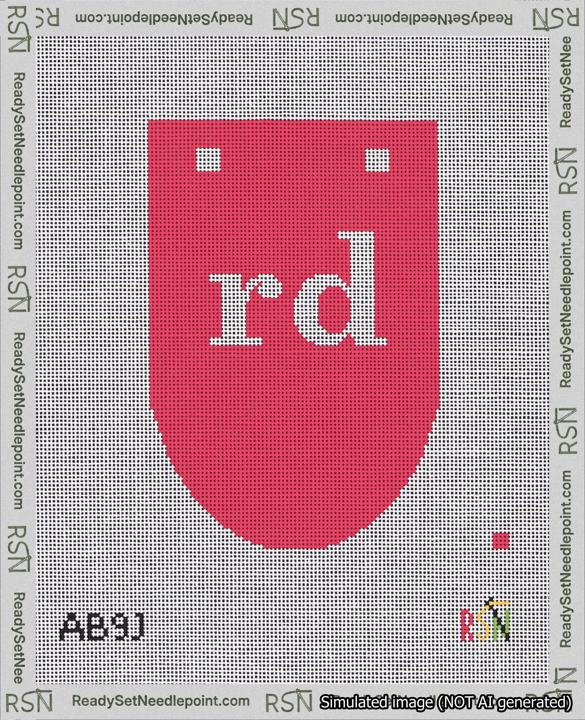 A taped needlepoint canvas with the design: Banner 18 mesh count Rounded rd White on Red.