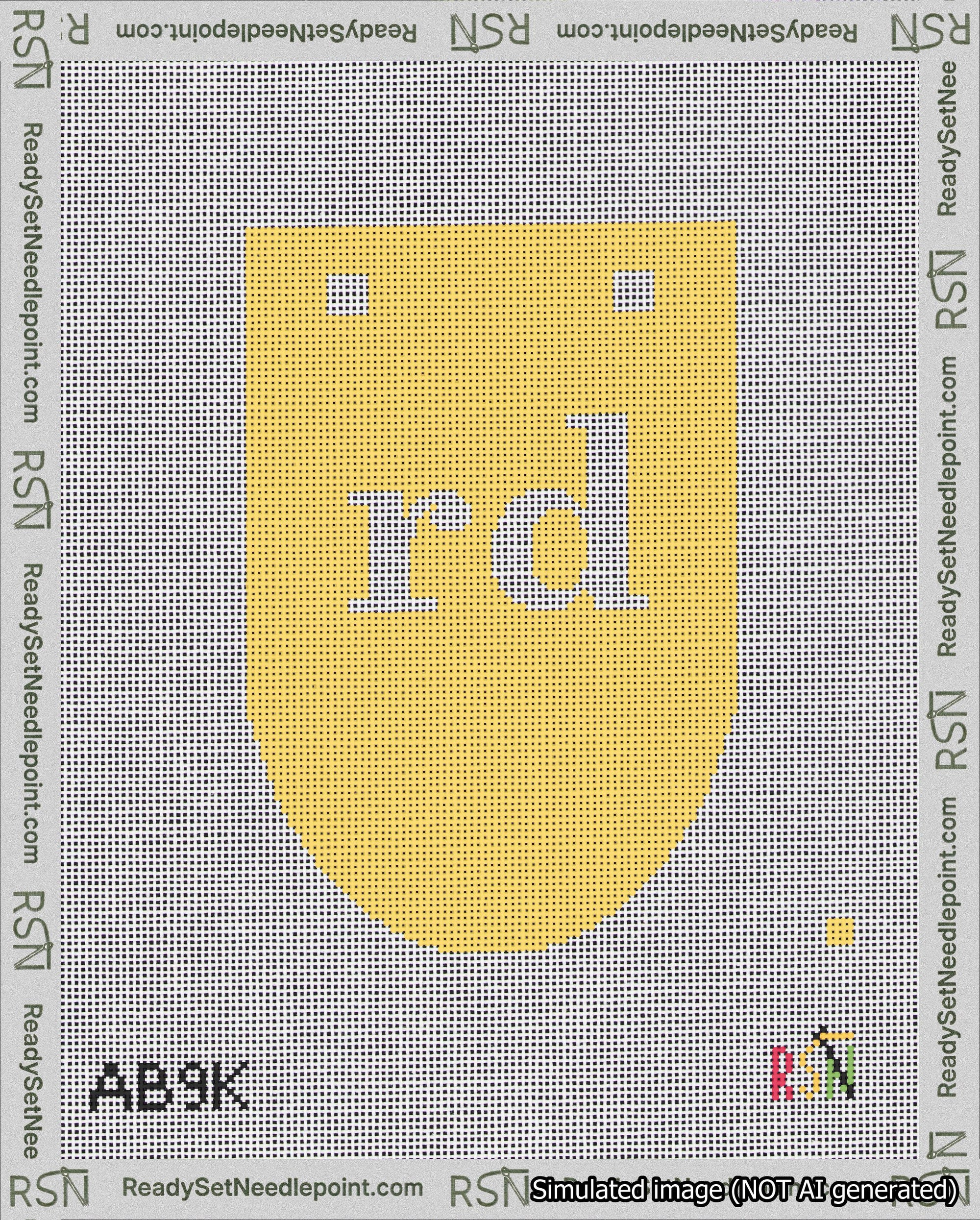 A taped needlepoint canvas with the design: Banner 18 mesh count Rounded rd White on Yellow.