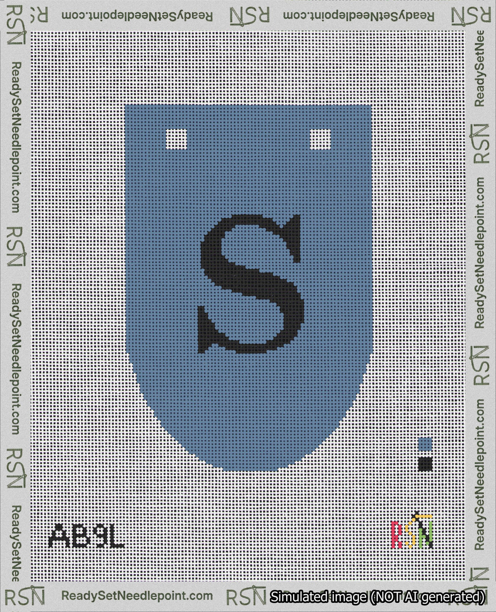 A taped needlepoint canvas with the design: Banner 18 mesh count Rounded S Black on Blue.