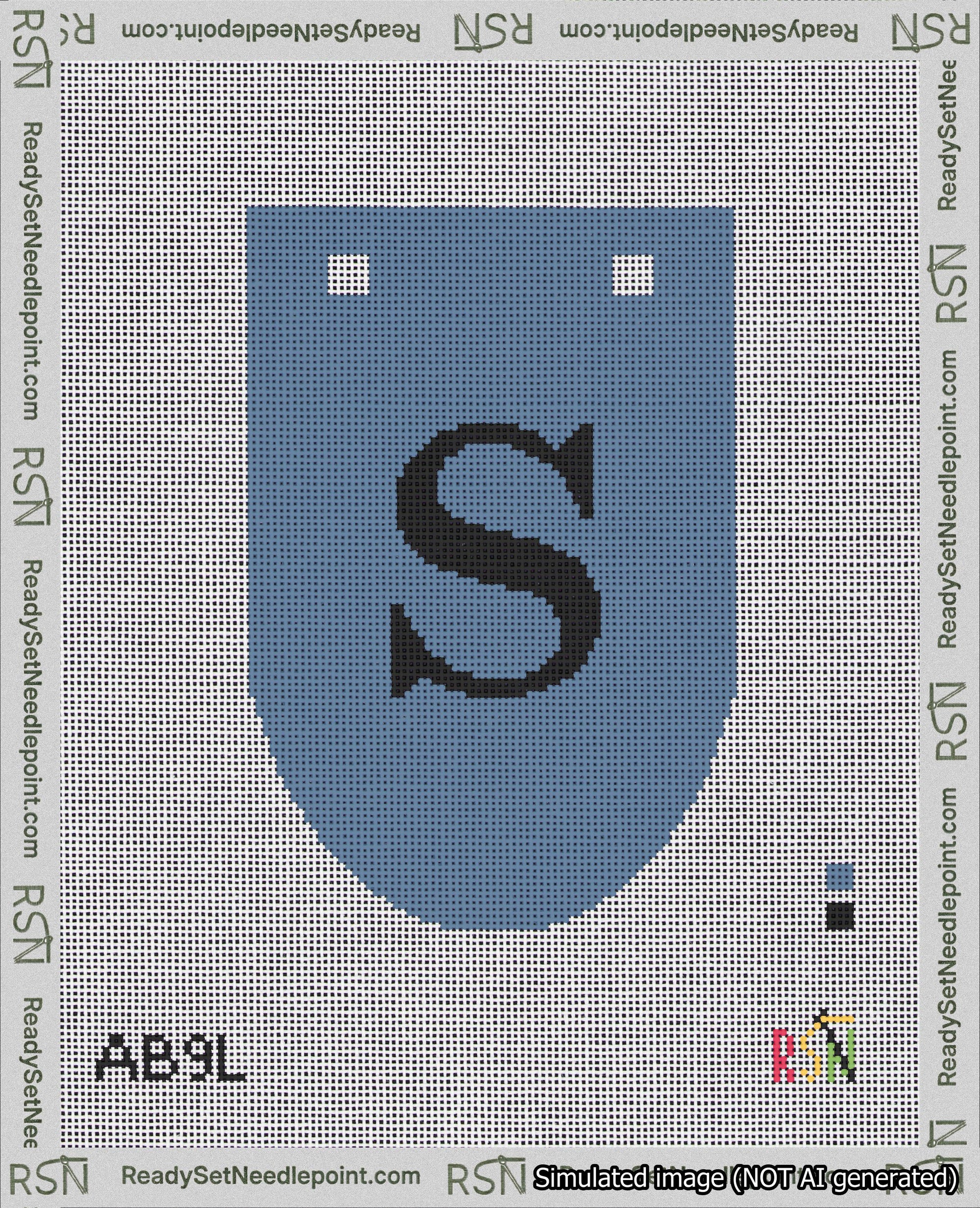 A taped needlepoint canvas with the design: Banner 18 mesh count Rounded S Black on Blue.