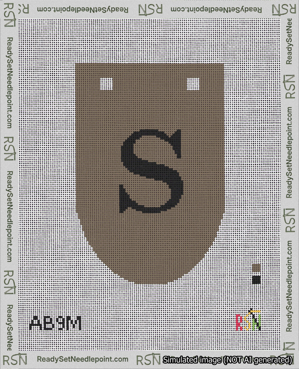 A taped needlepoint canvas with the design: Banner 18 mesh count Rounded S Black on Brown.