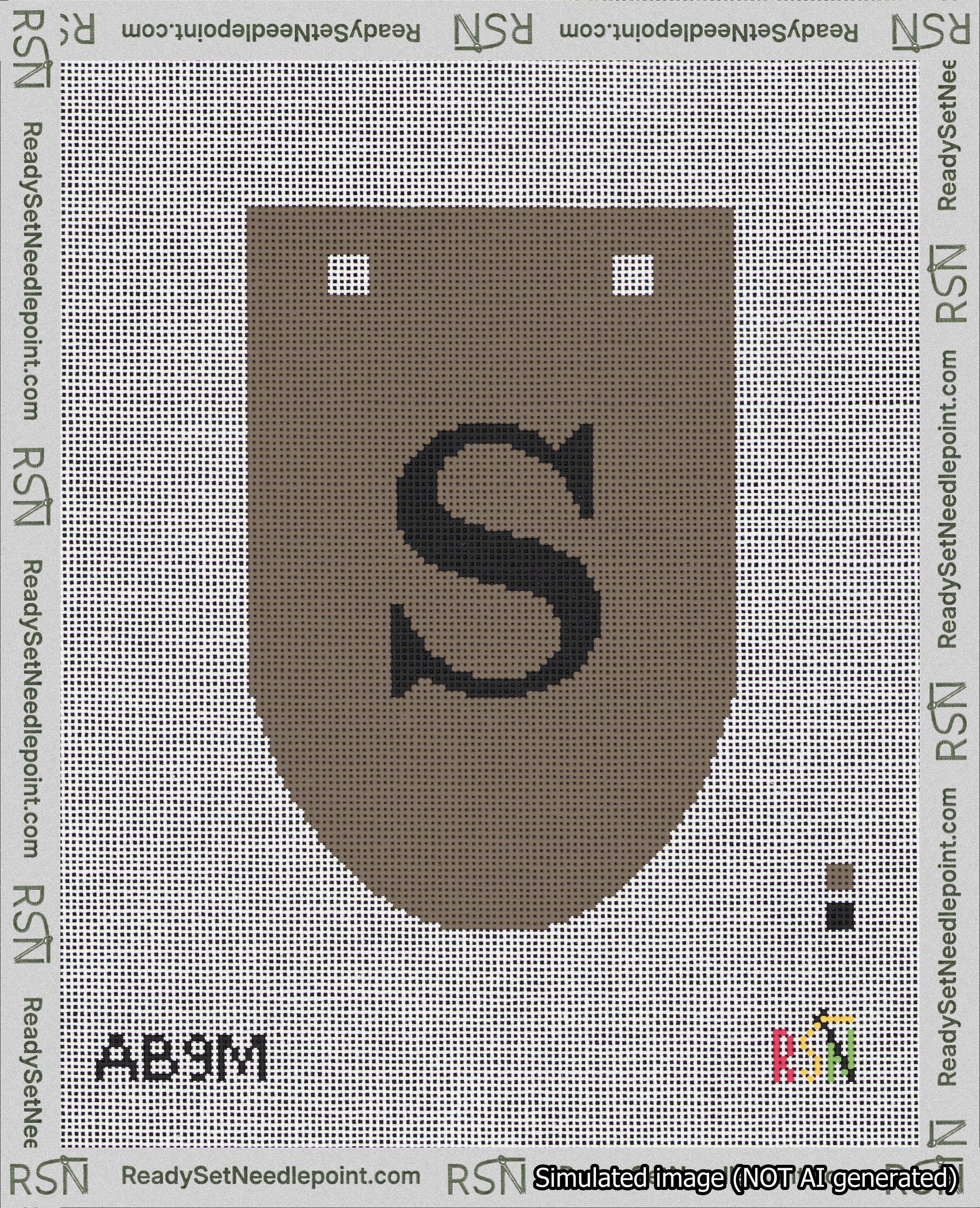 A taped needlepoint canvas with the design: Banner 18 mesh count Rounded S Black on Brown.